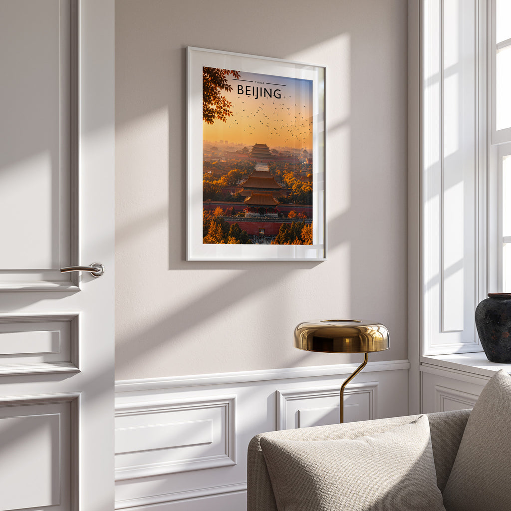 Beijing Travel Poster in a white frame on a panelled wall