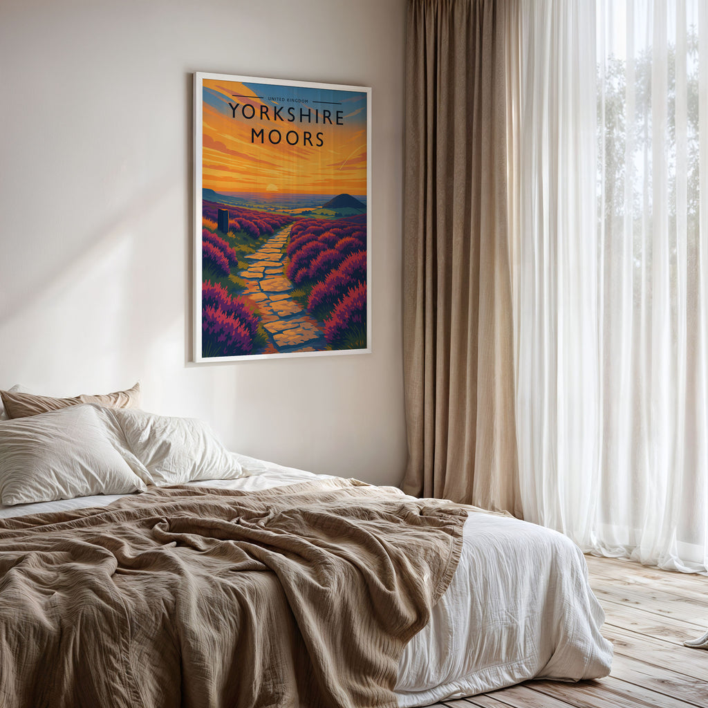 Yorkshire Moors Travel Poster framed on a bedroom wall