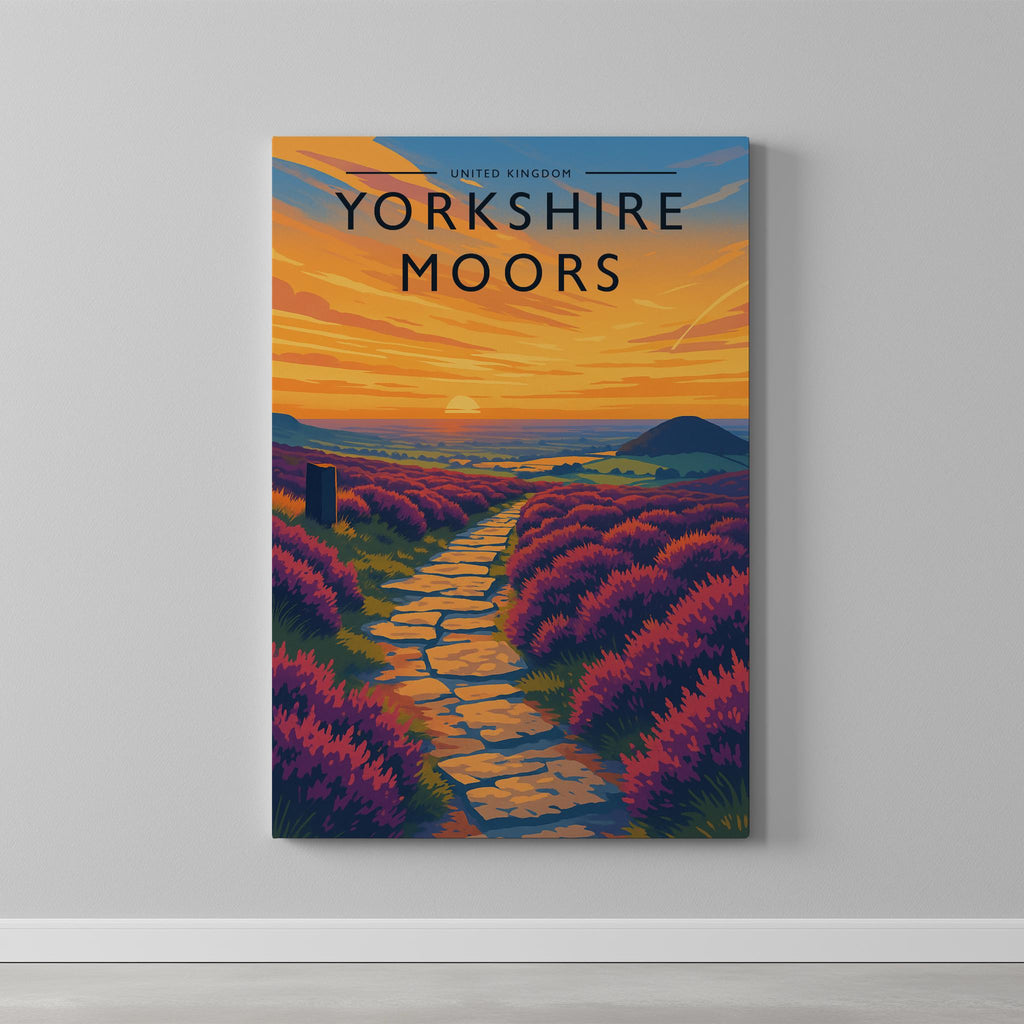 Yorkshire Moors Travel Poster as a gallery-wrapped canvas on a plain wall