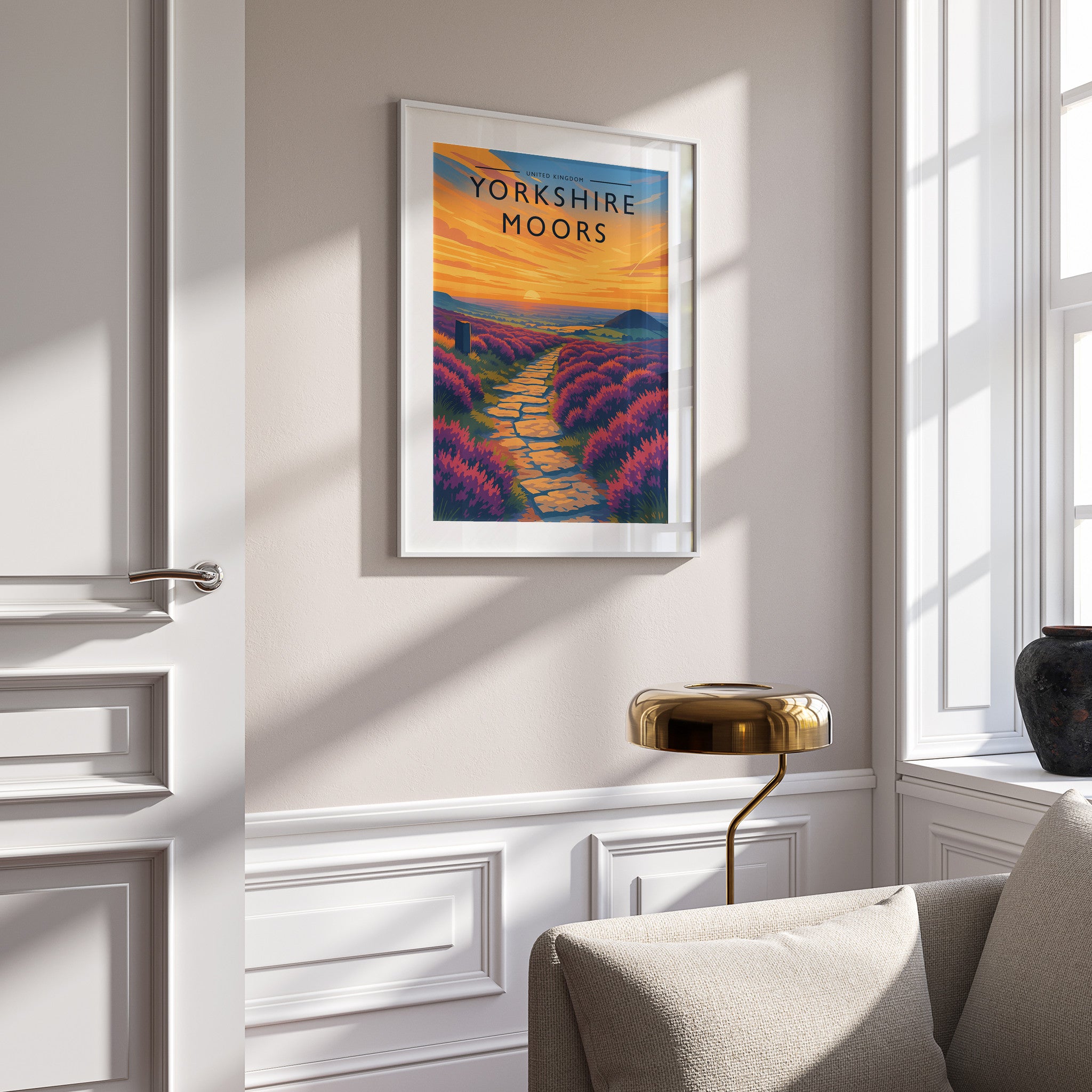 Yorkshire Moors Travel Poster in a white frame on a panelled wall