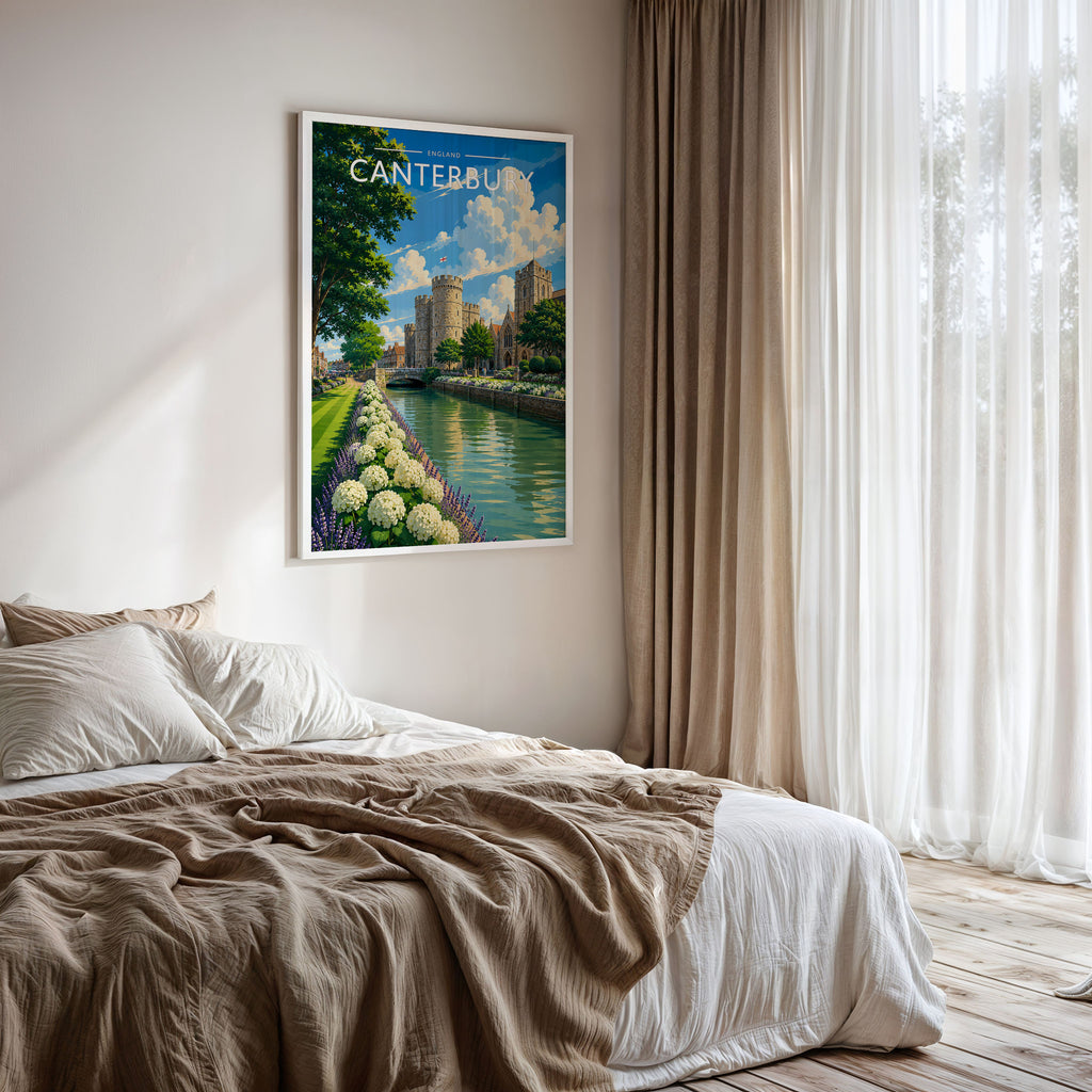 Canterbury #3 Travel Poster framed on a bedroom wall
