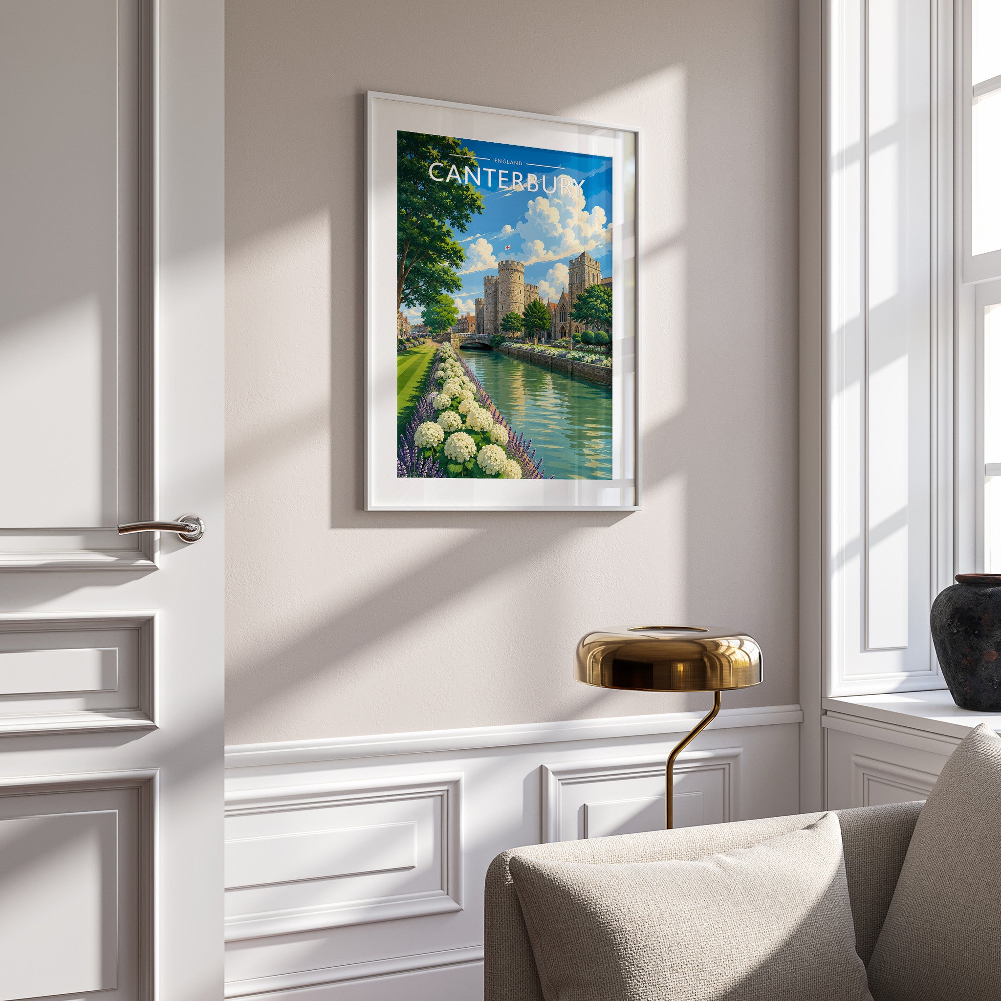 Canterbury #3 Travel Poster in a white frame on a panelled wall