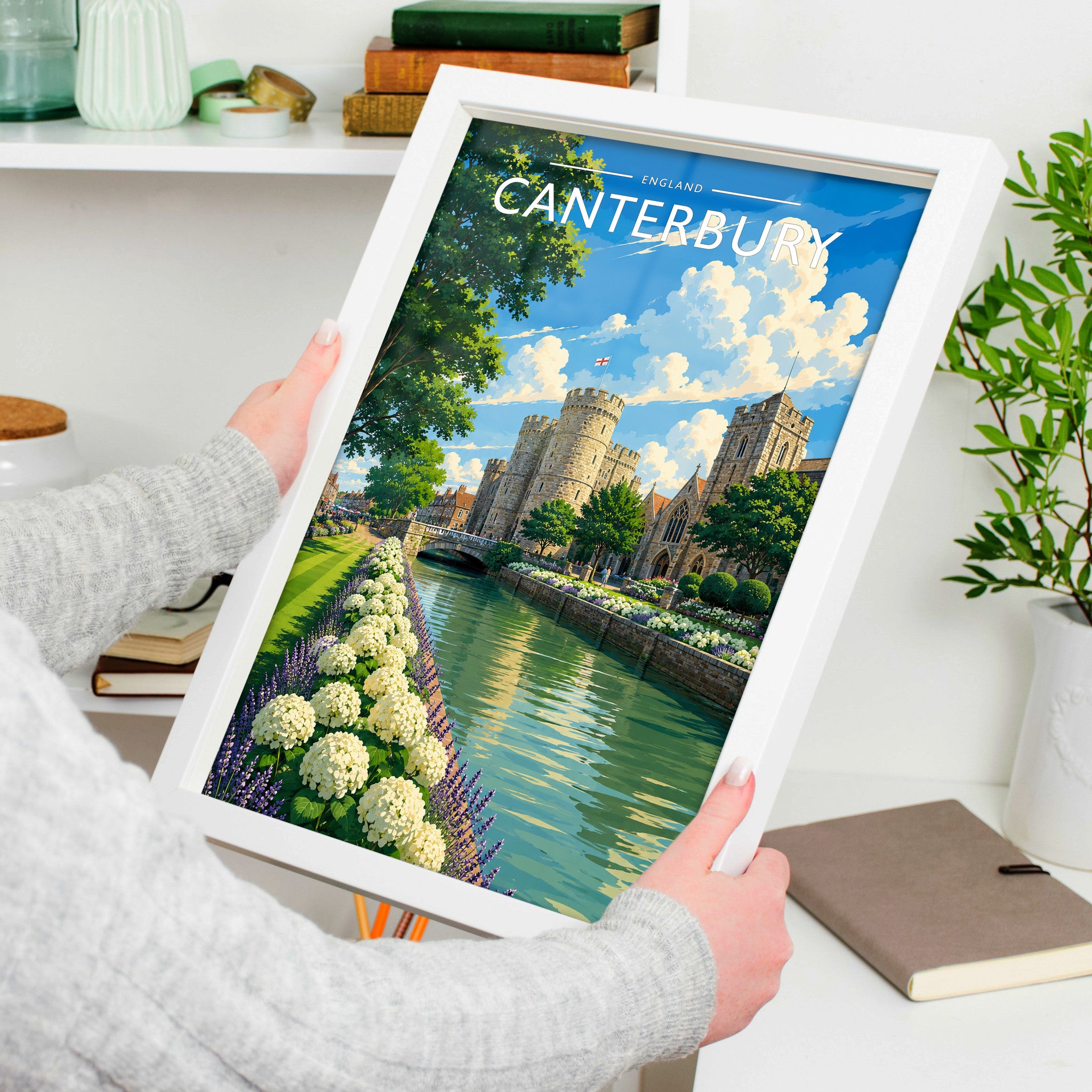 Canterbury #3 Travel Poster in a white frame, held to show scale