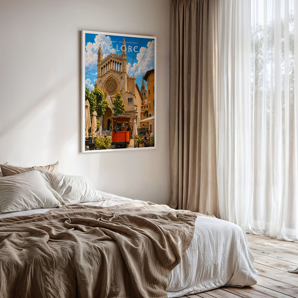 Mallorca #3 Travel Poster framed on a bedroom wall