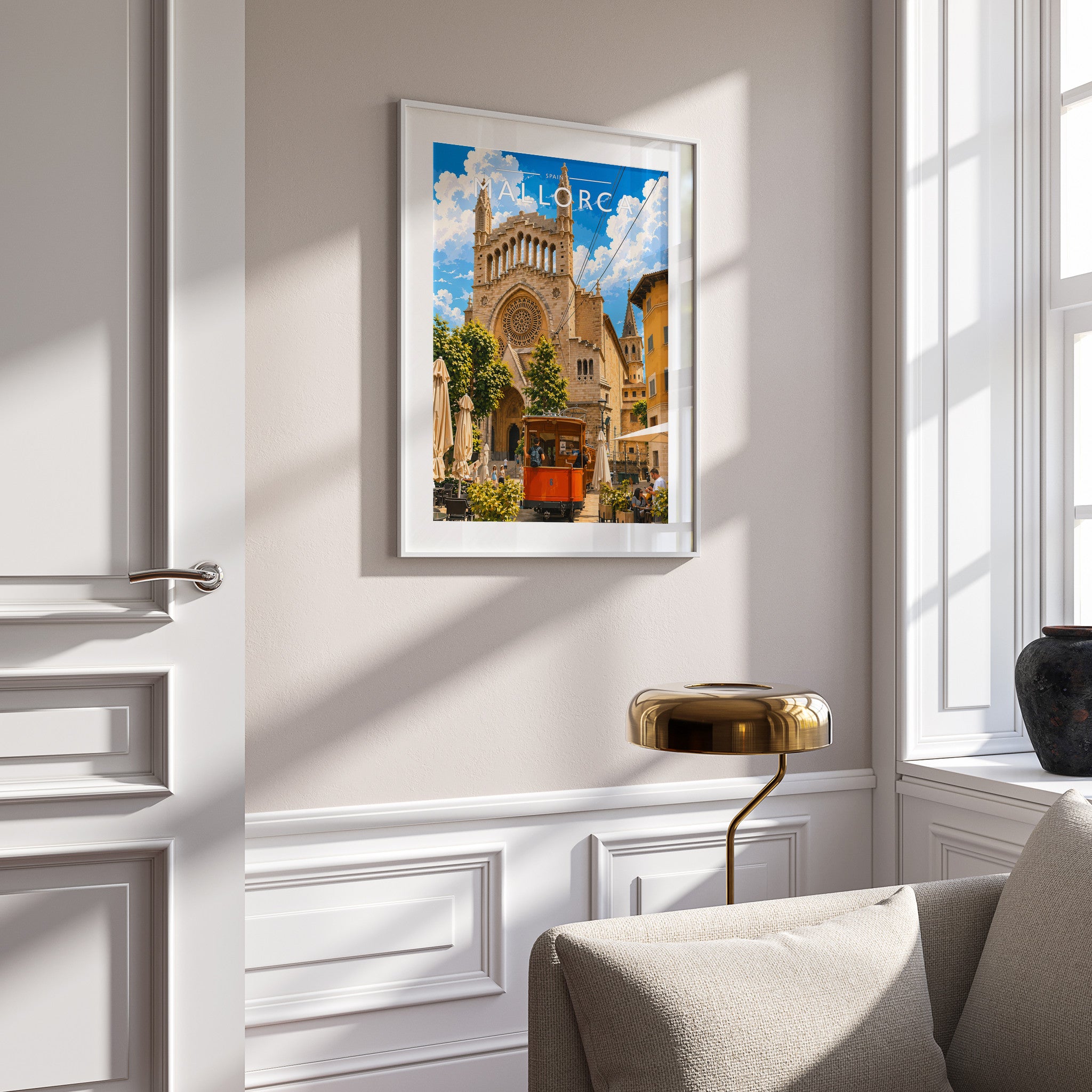 Mallorca #3 Travel Poster in a white frame on a panelled wall
