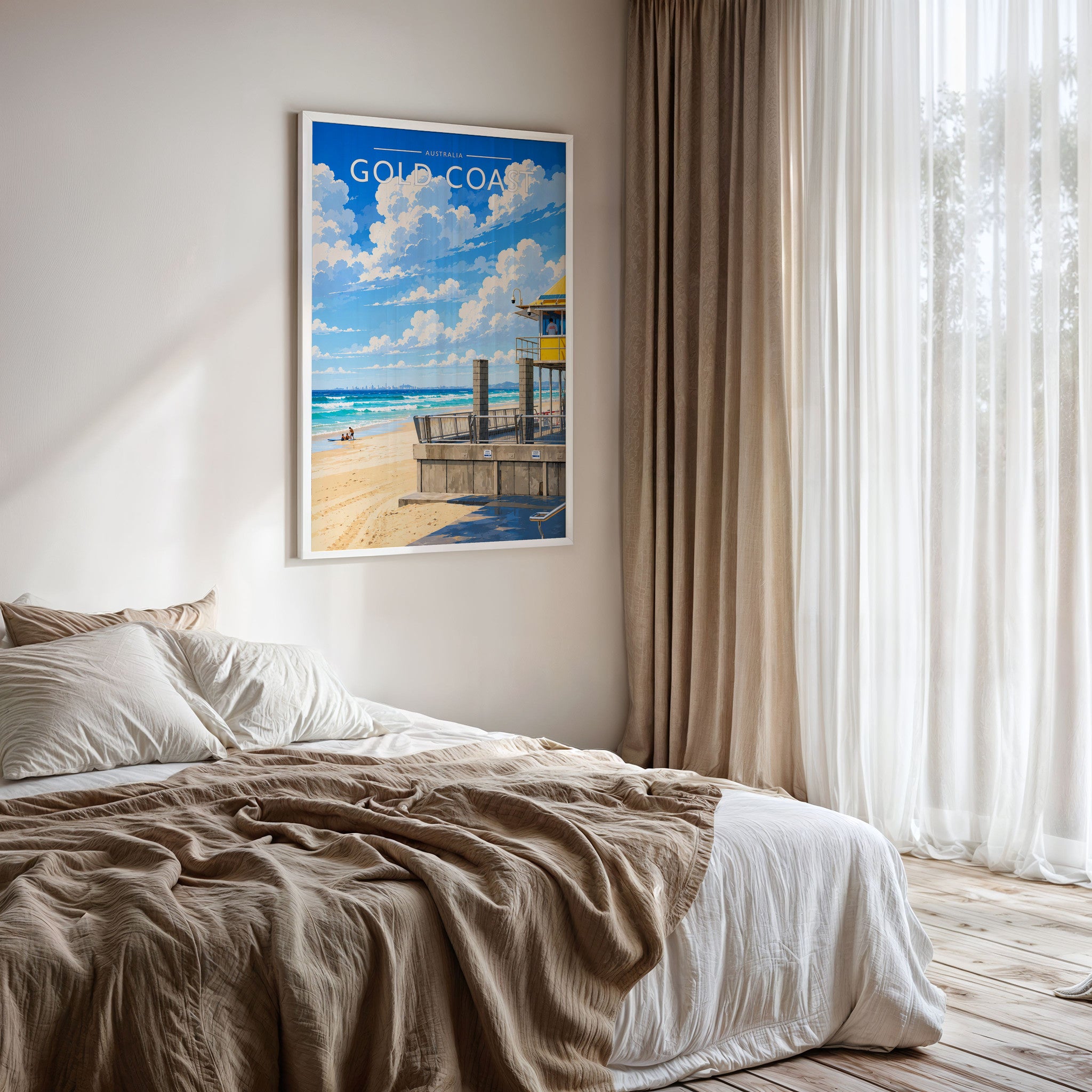 Gold Coast Travel Poster framed on a bedroom wall