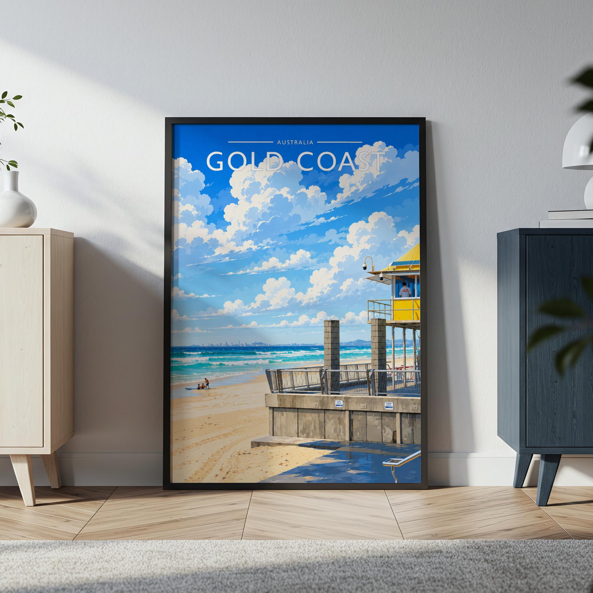 Gold Coast Travel Poster in a black frame