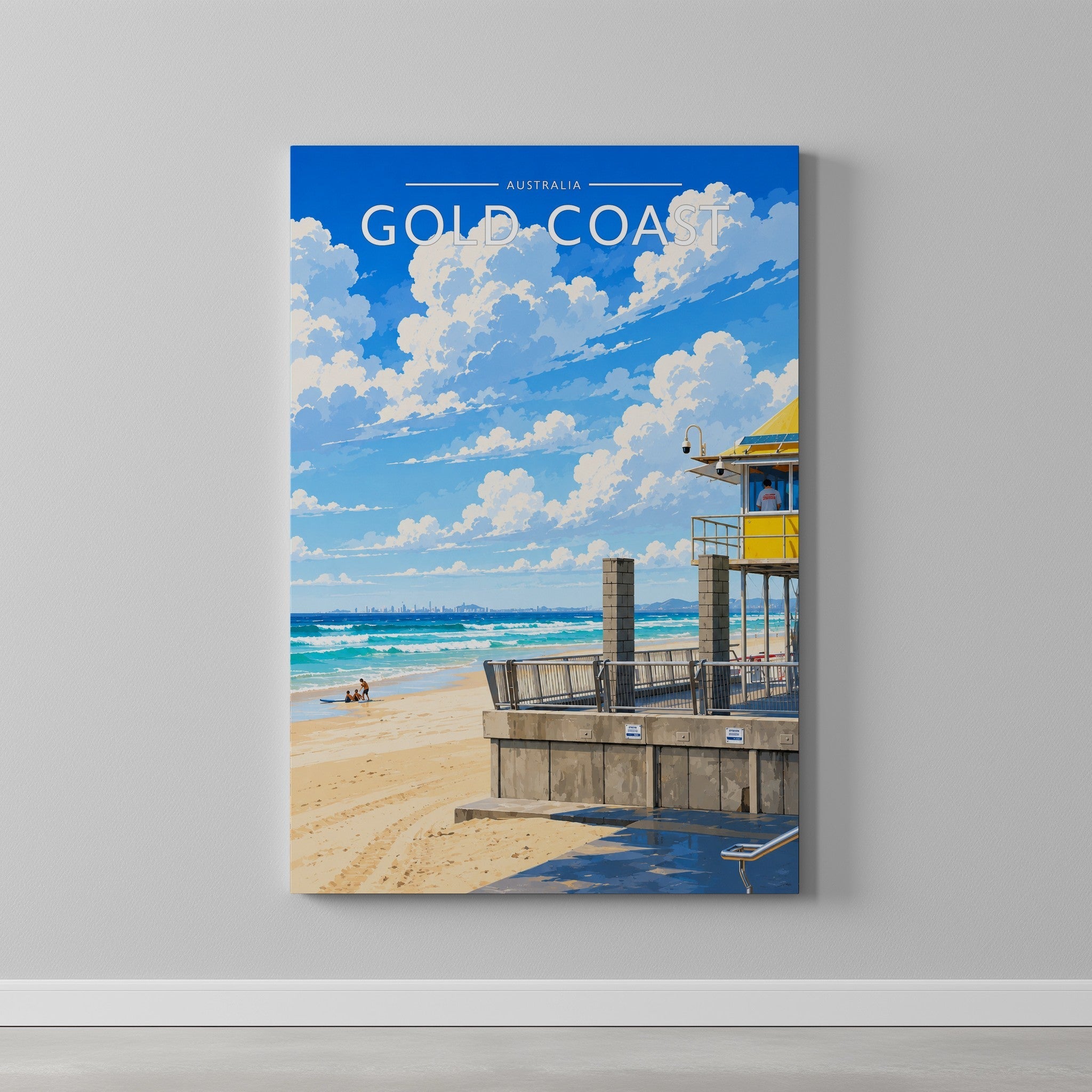 Gold Coast Travel Poster as a gallery-wrapped canvas on a plain wall