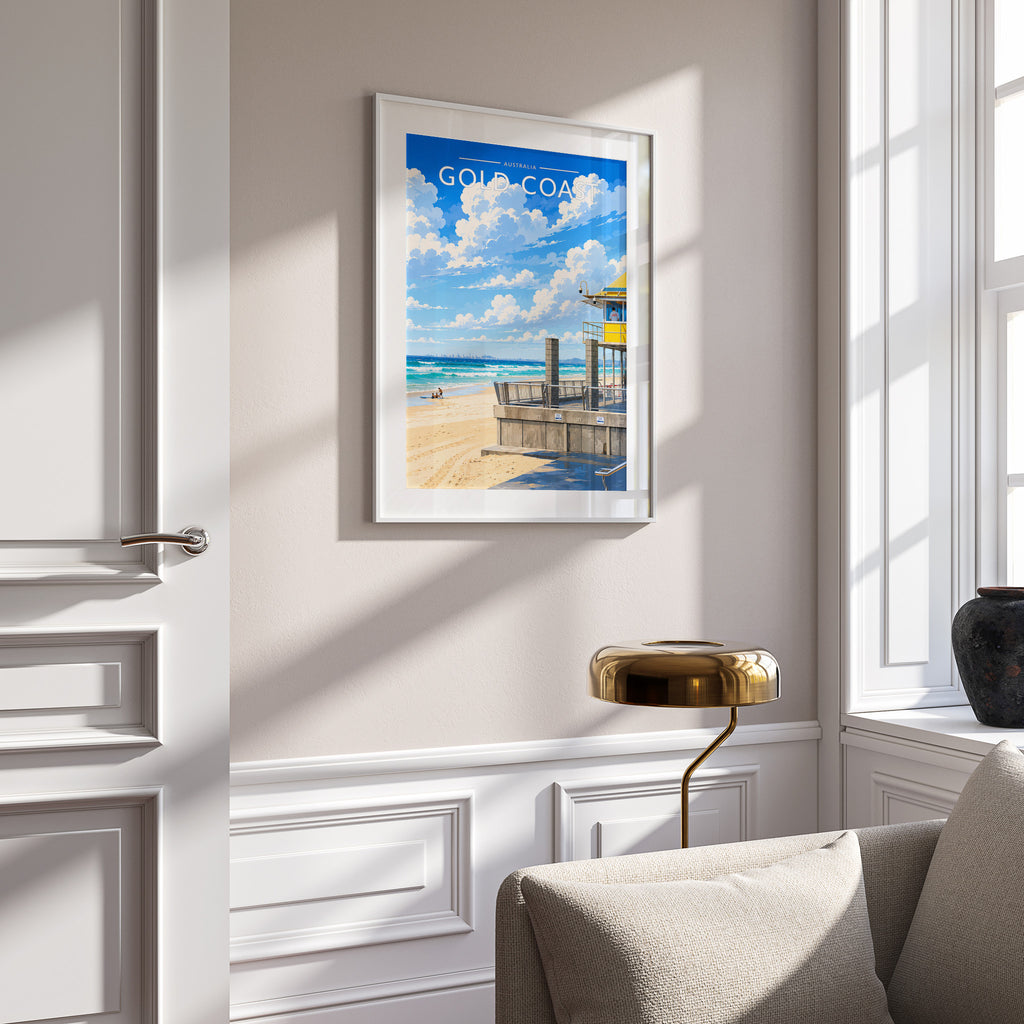 Gold Coast Travel Poster in a white frame on a panelled wall