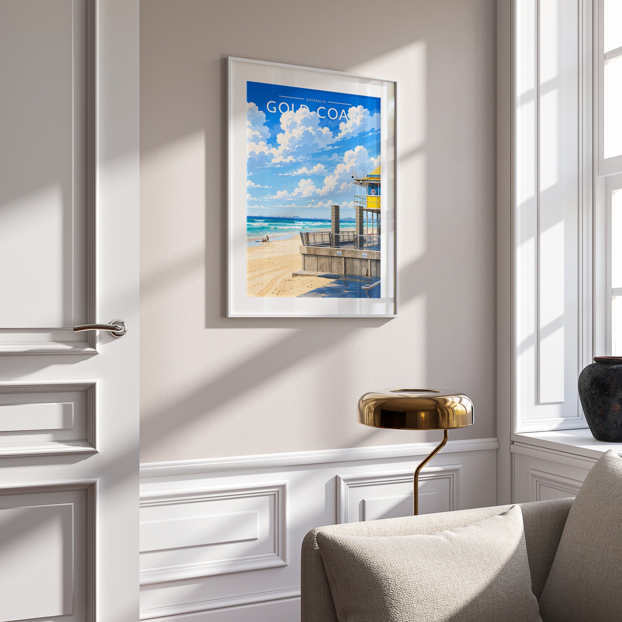 Gold Coast Travel Poster in a white frame on a panelled wall