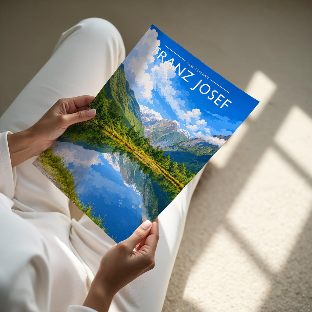 Franz Josef Travel Poster - A4 print held in hand