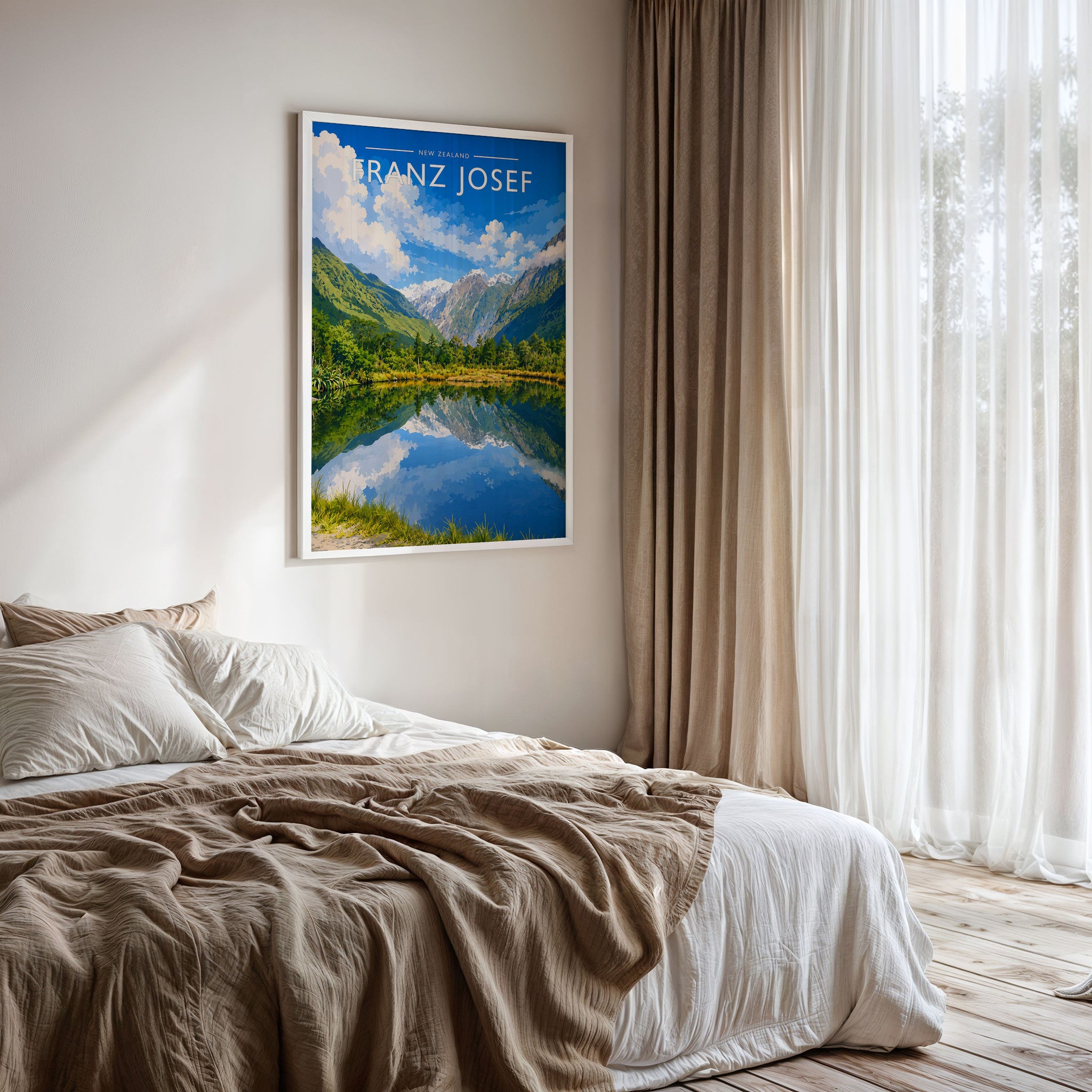 Franz Josef Travel Poster framed on a bedroom wall