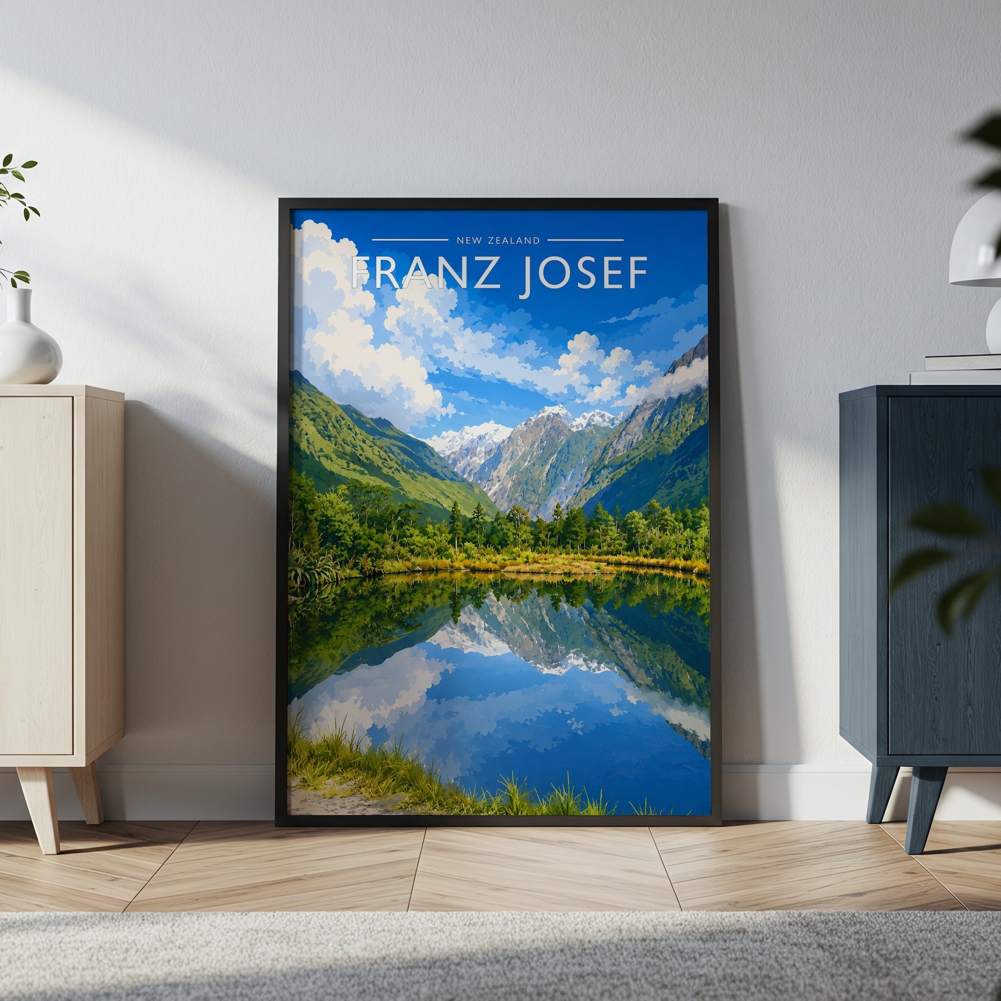 Franz Josef Travel Poster in a black frame