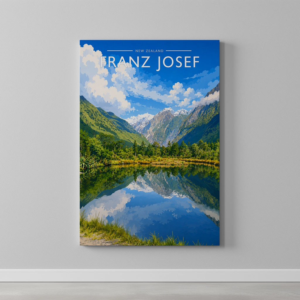 Franz Josef Travel Poster as a gallery-wrapped canvas on a plain wall