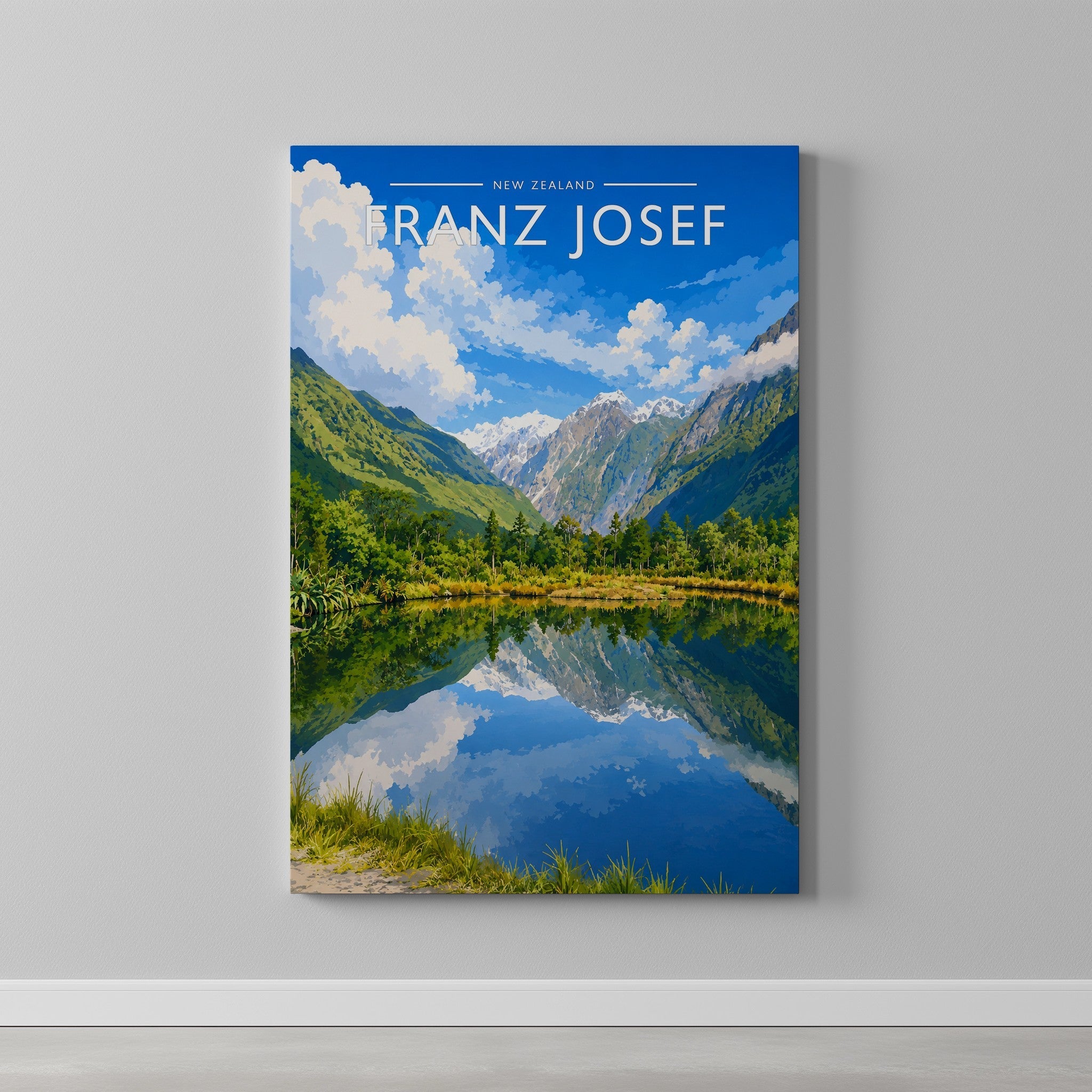 Franz Josef Travel Poster as a gallery-wrapped canvas on a plain wall