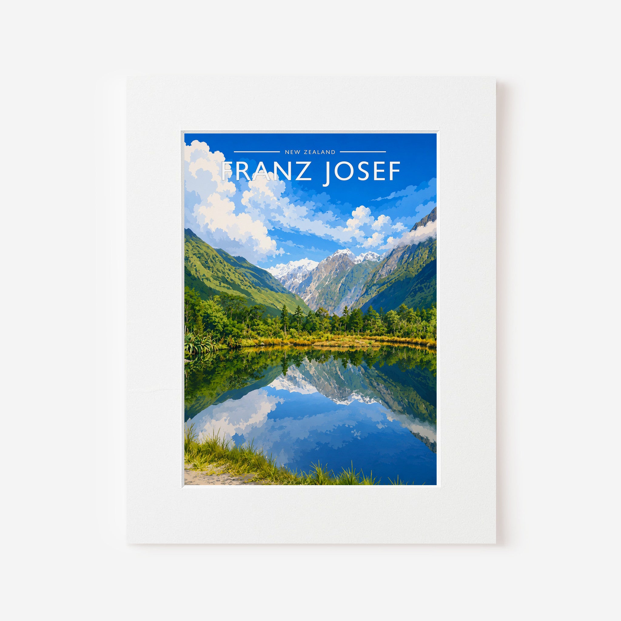 Franz Josef Travel Poster in a white mount