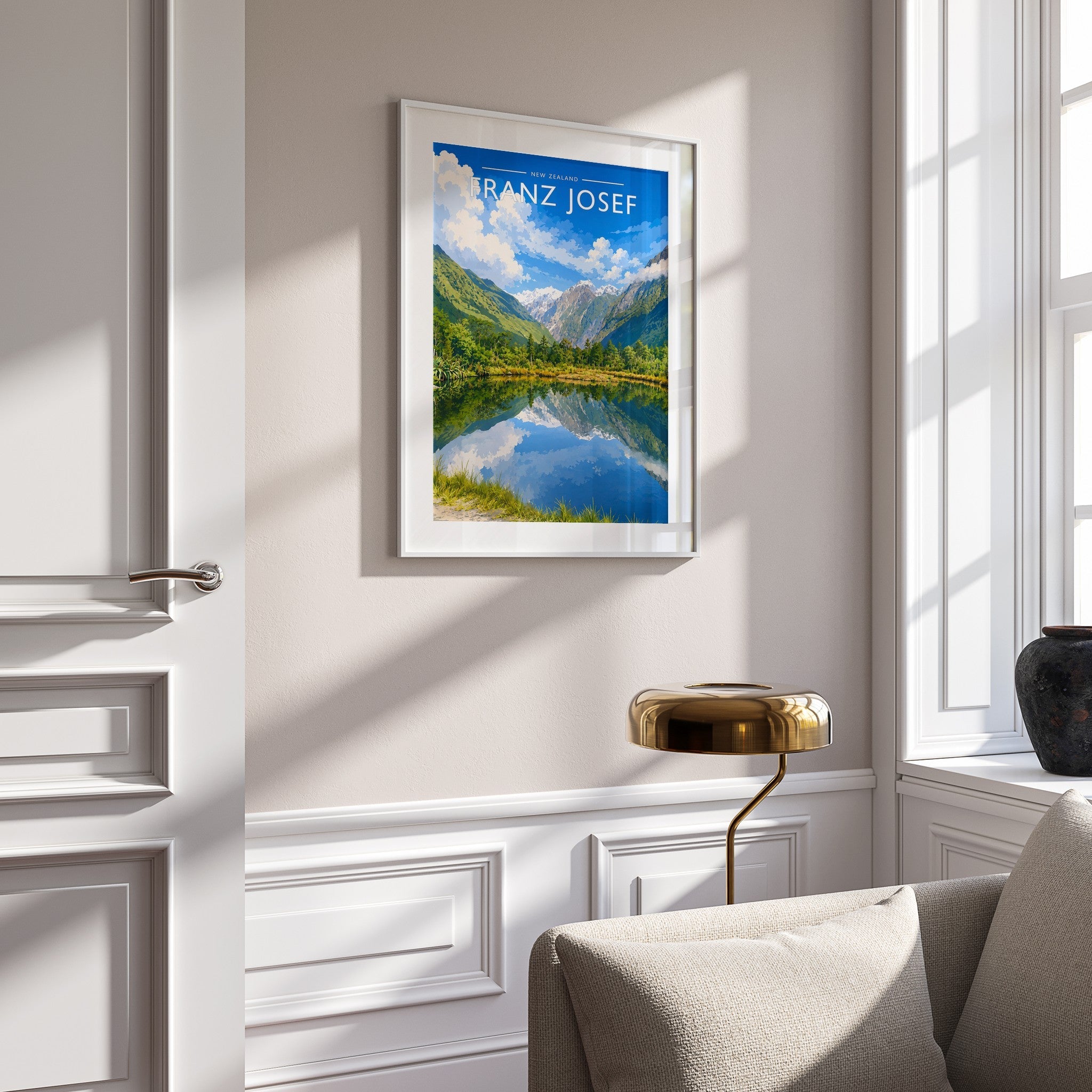 Franz Josef Travel Poster mounted in a white frame