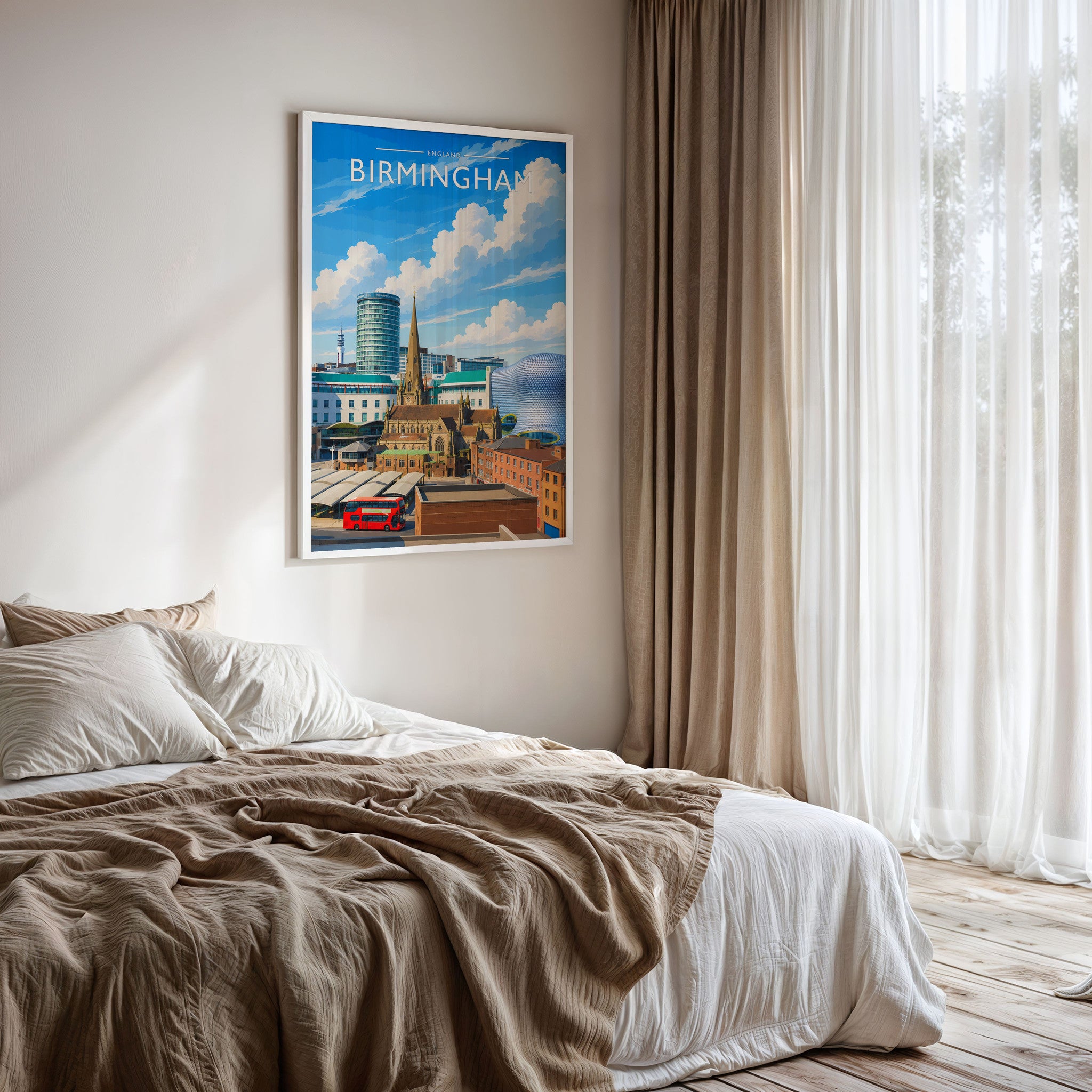 Birmingham Travel Poster framed on a bedroom wall