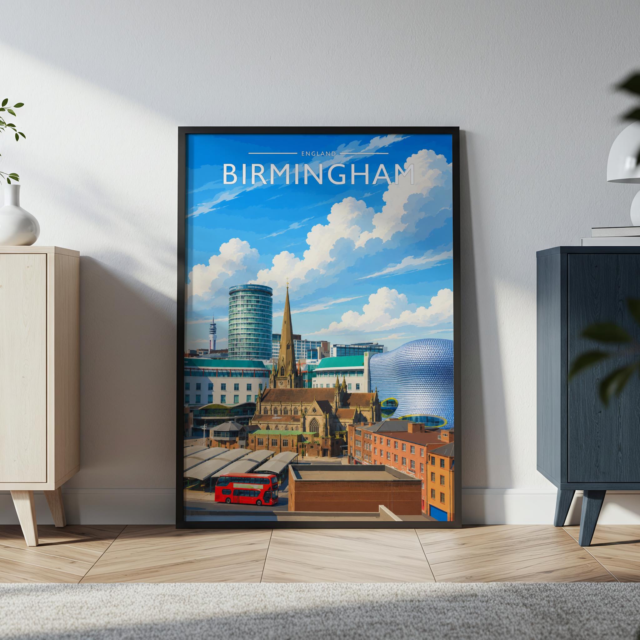 Birmingham Travel Poster in a black frame