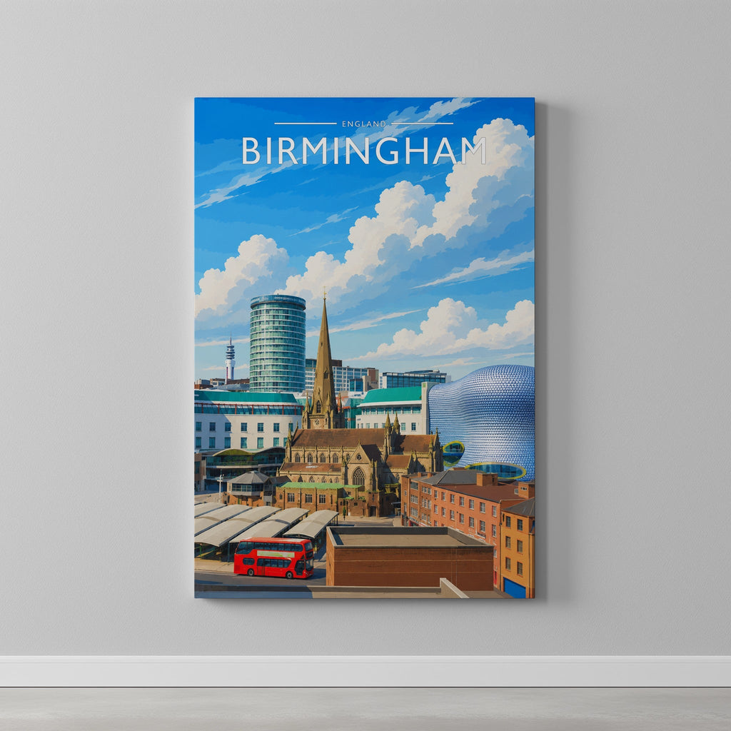 Birmingham Travel Poster as a gallery-wrapped canvas on a plain wall