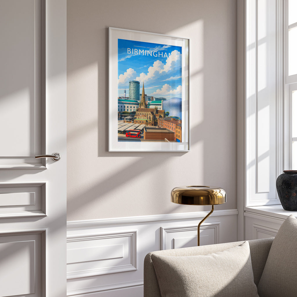 Birmingham Travel Poster in a white frame on a panelled wall