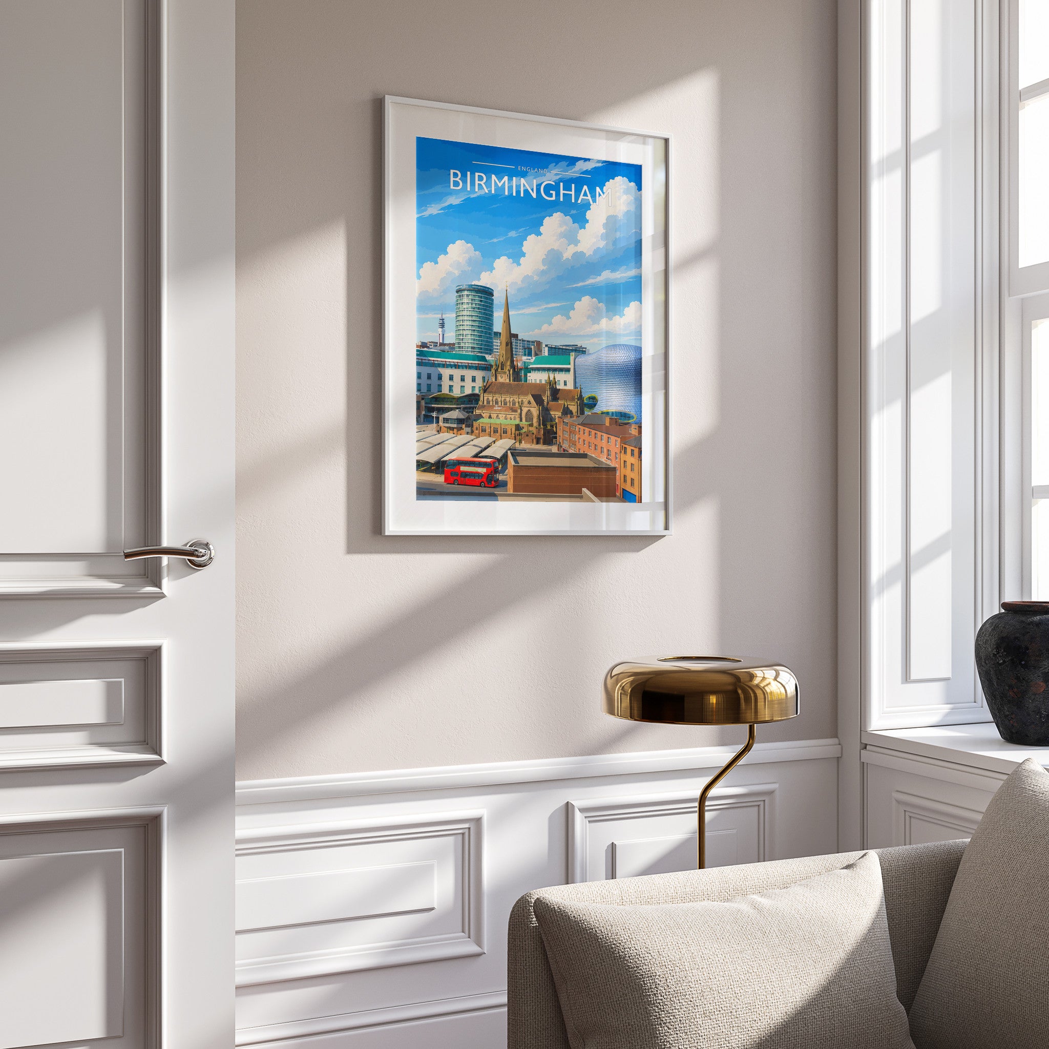 Birmingham Travel Poster in a white frame on a panelled wall