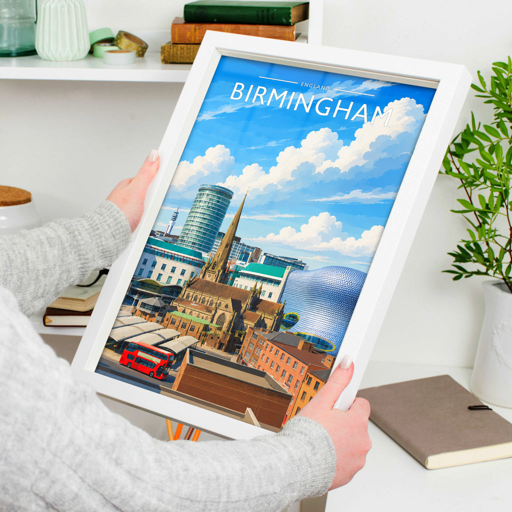Birmingham Travel Poster in a white frame, held to show scale