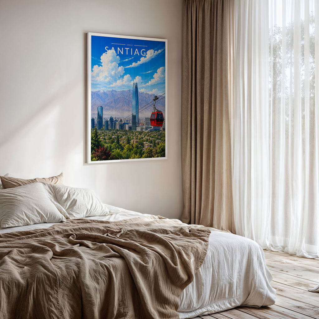 Santiago Travel Poster framed on a bedroom wall