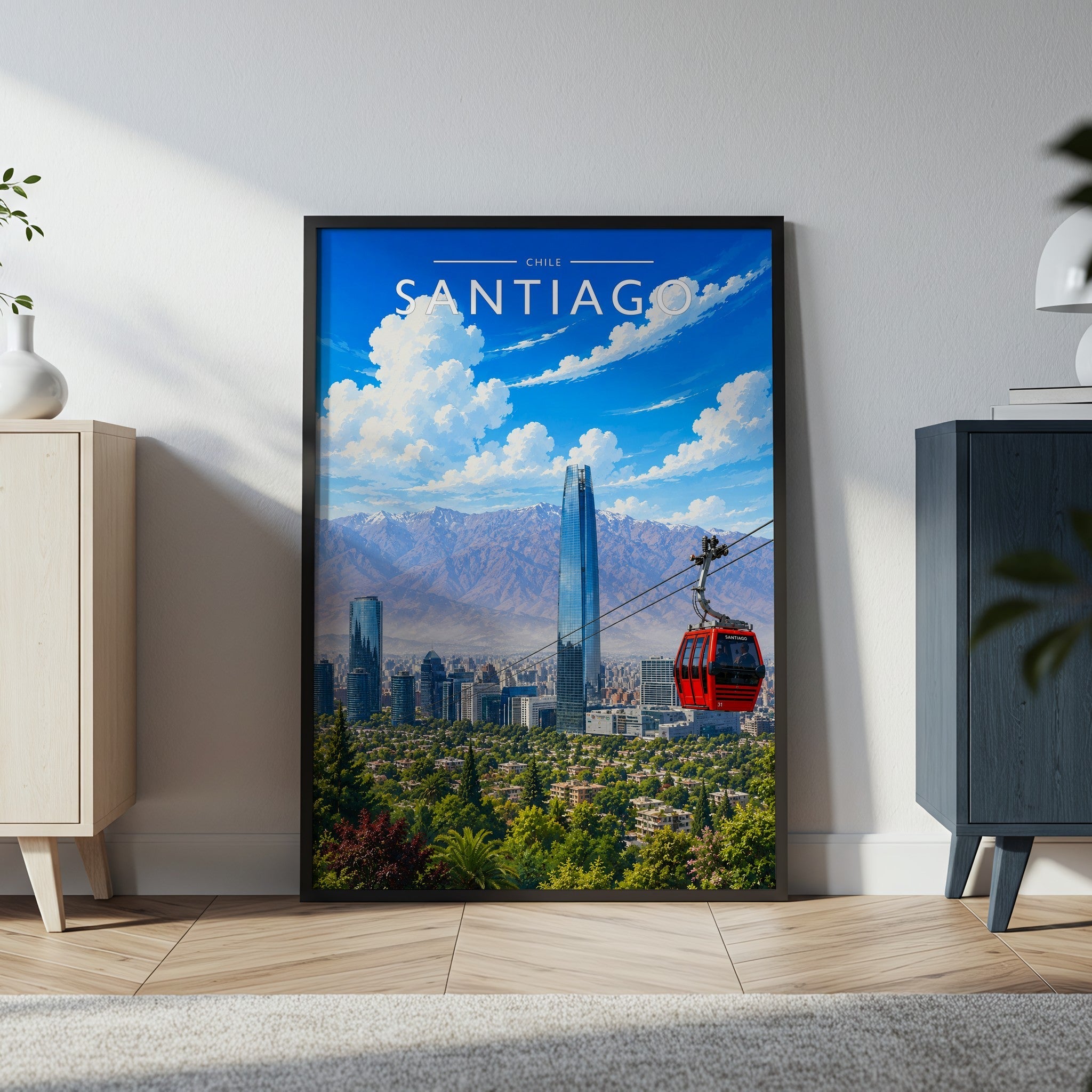 Santiago Travel Poster in a black frame