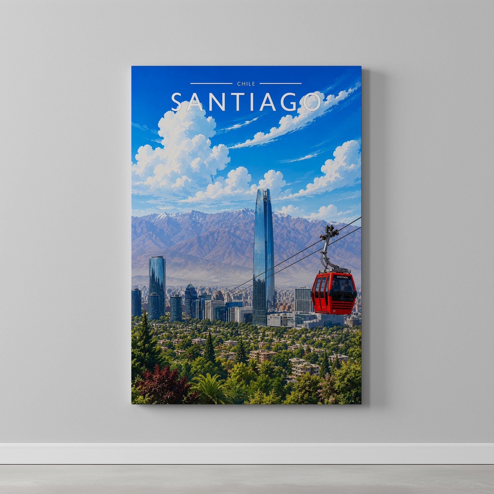 Santiago Travel Poster as a gallery-wrapped canvas on a plain wall