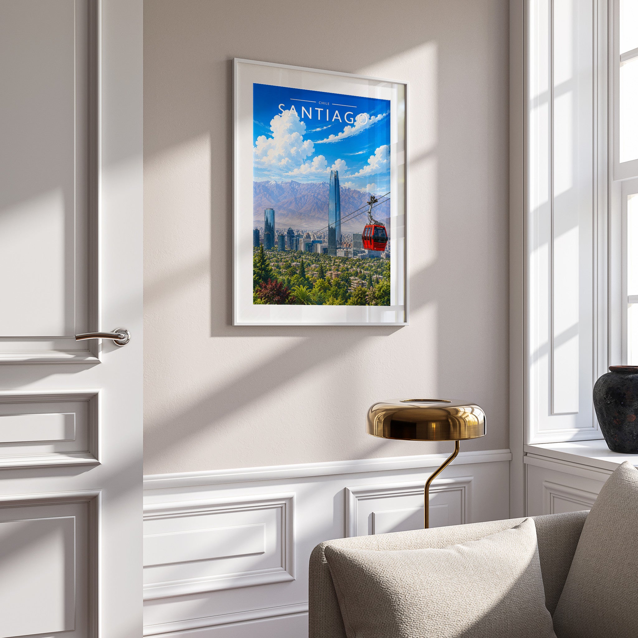 Santiago Travel Poster in a white frame on a panelled wall