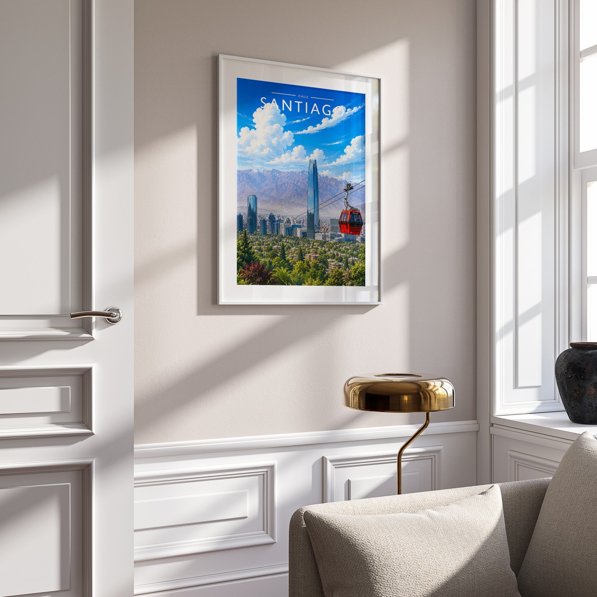 Santiago Travel Poster mounted in a white frame