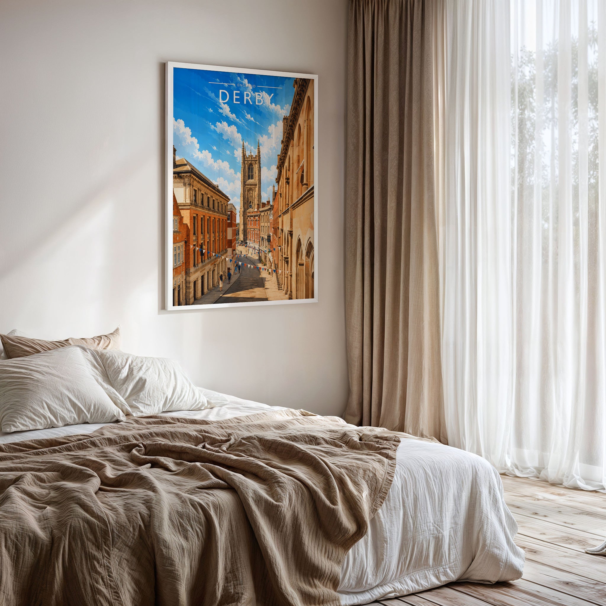 Derby Travel Poster framed on a bedroom wall