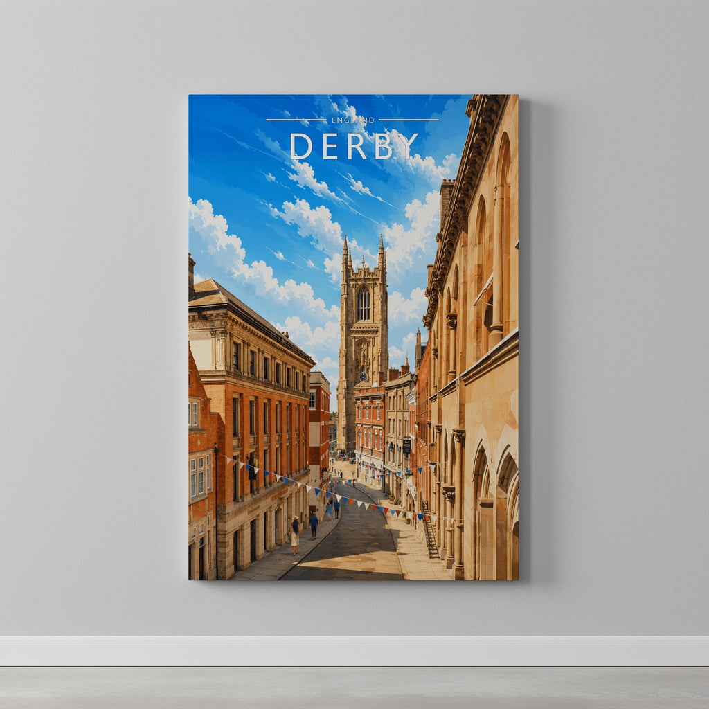 Derby Travel Poster as a gallery-wrapped canvas on a plain wall