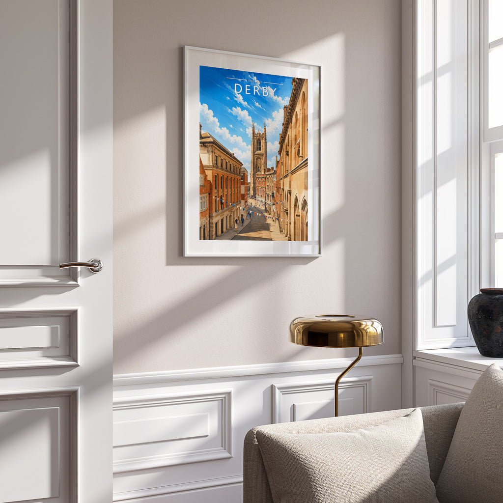 Derby Travel Poster in a white frame on a panelled wall