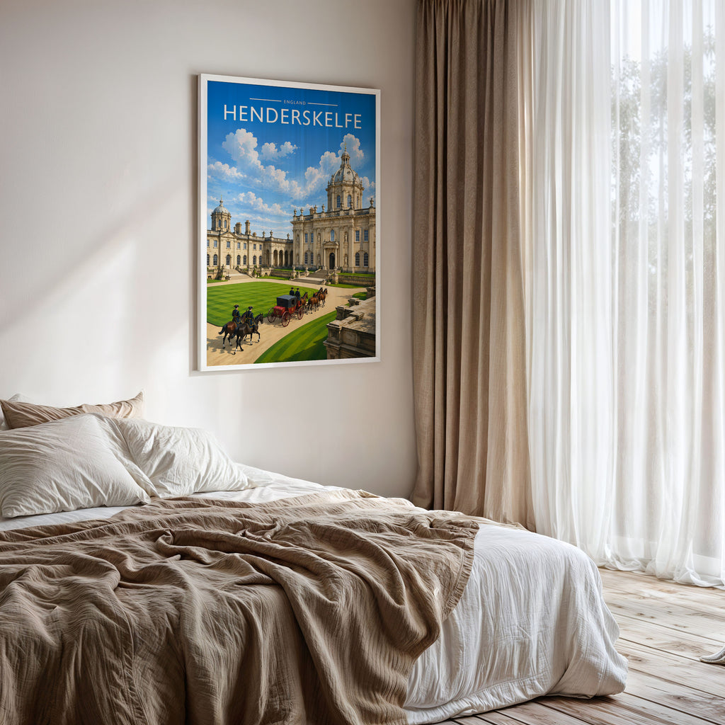 Henderskelfe Travel Poster framed on a bedroom wall
