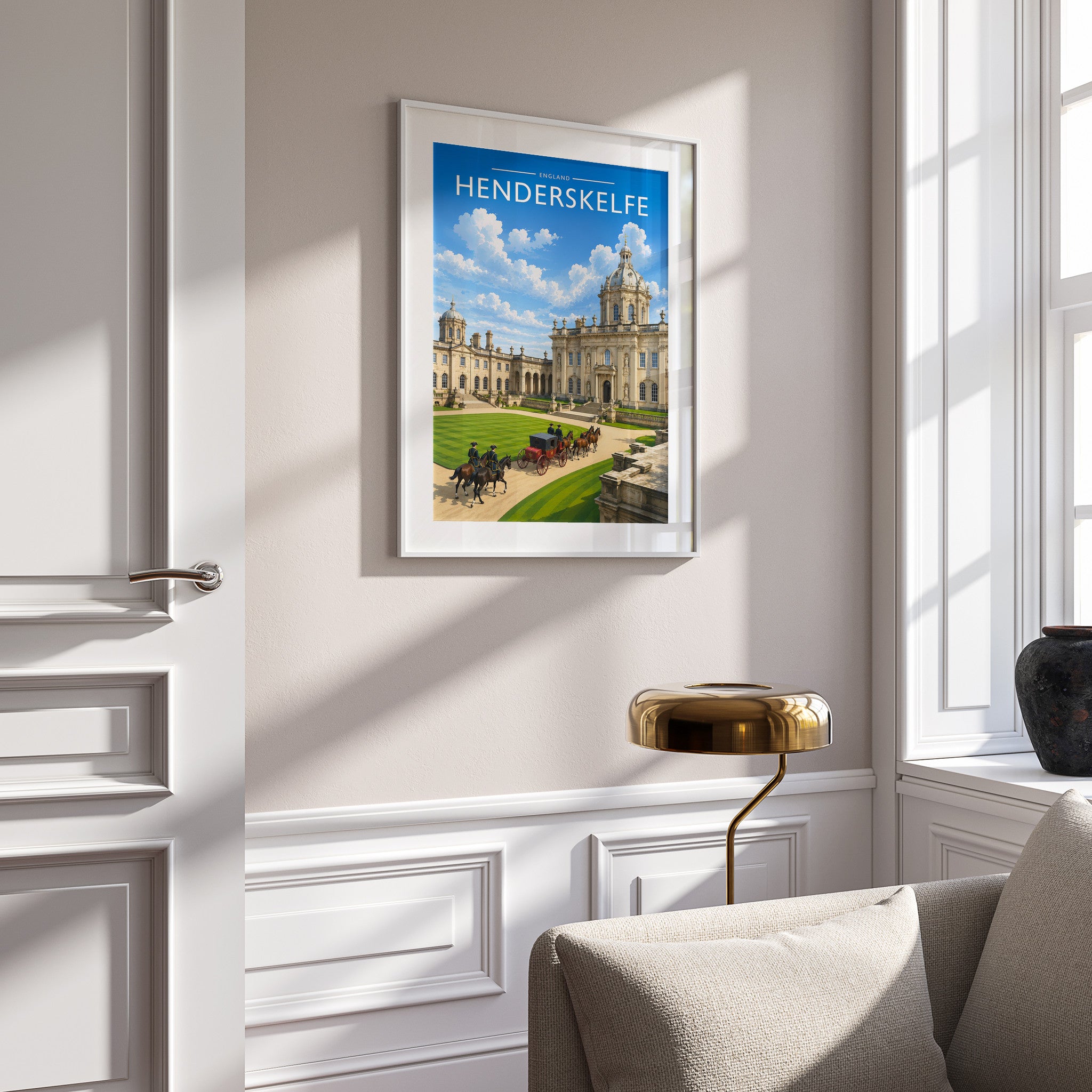 Henderskelfe Travel Poster in a white frame on a panelled wall