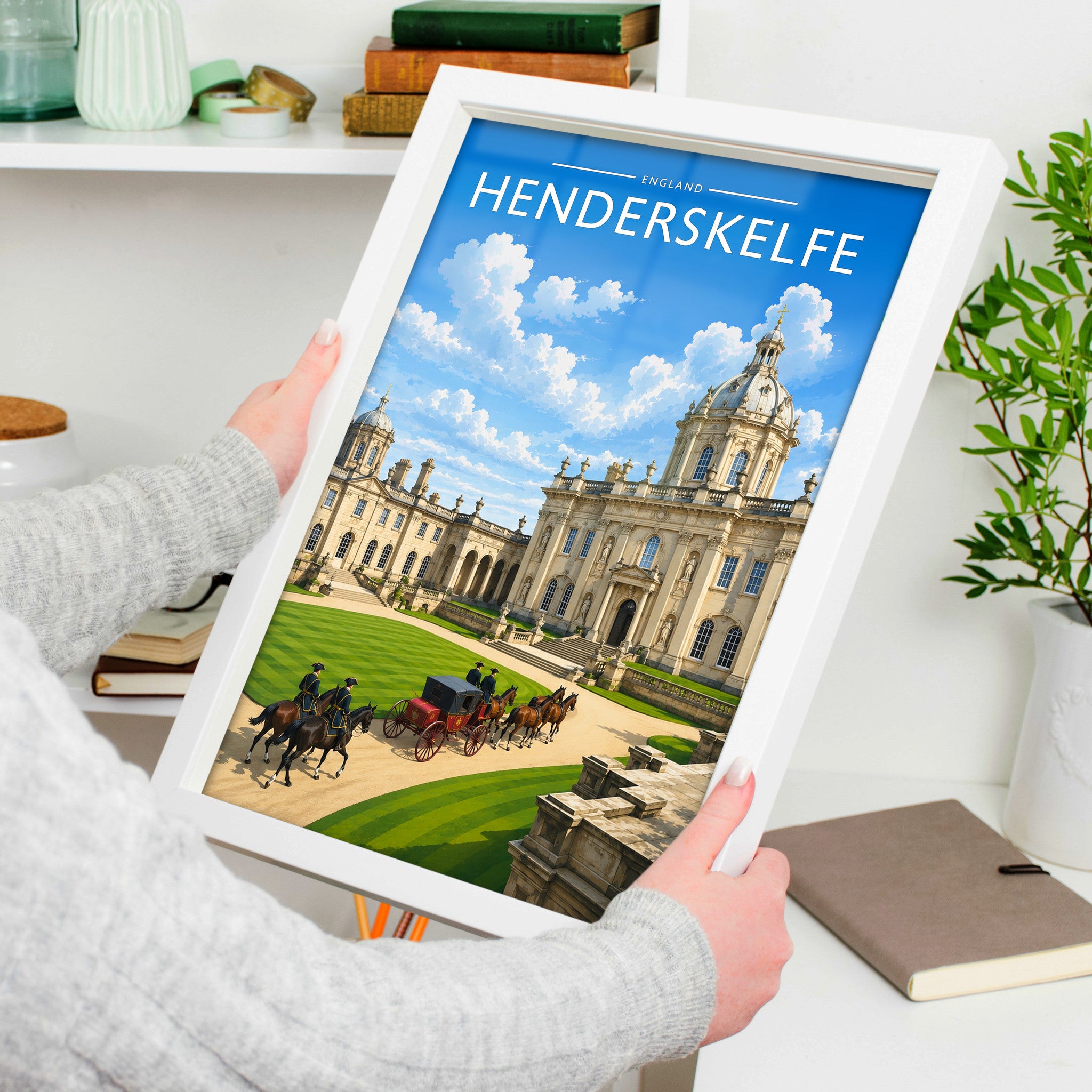 Henderskelfe Travel Poster in a white frame, held to show scale
