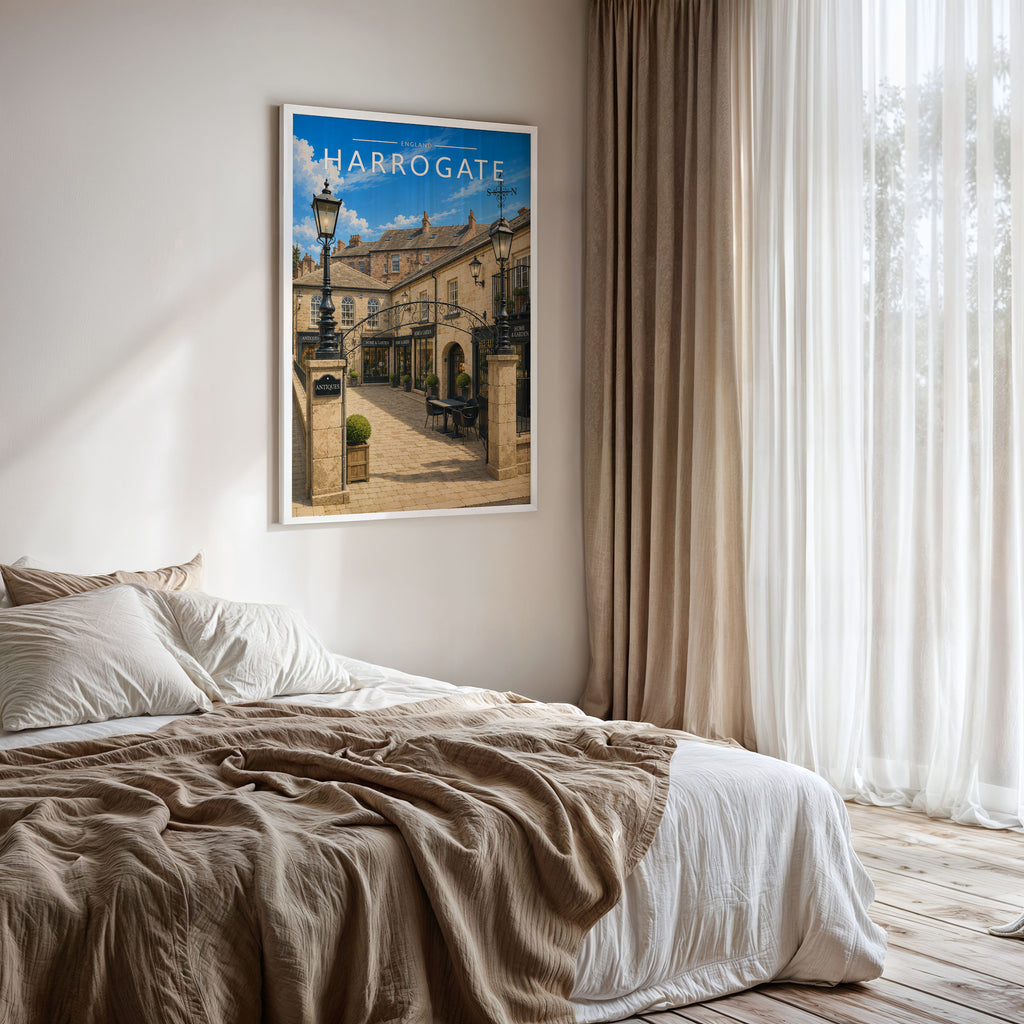Harrogate Travel Poster framed on a bedroom wall