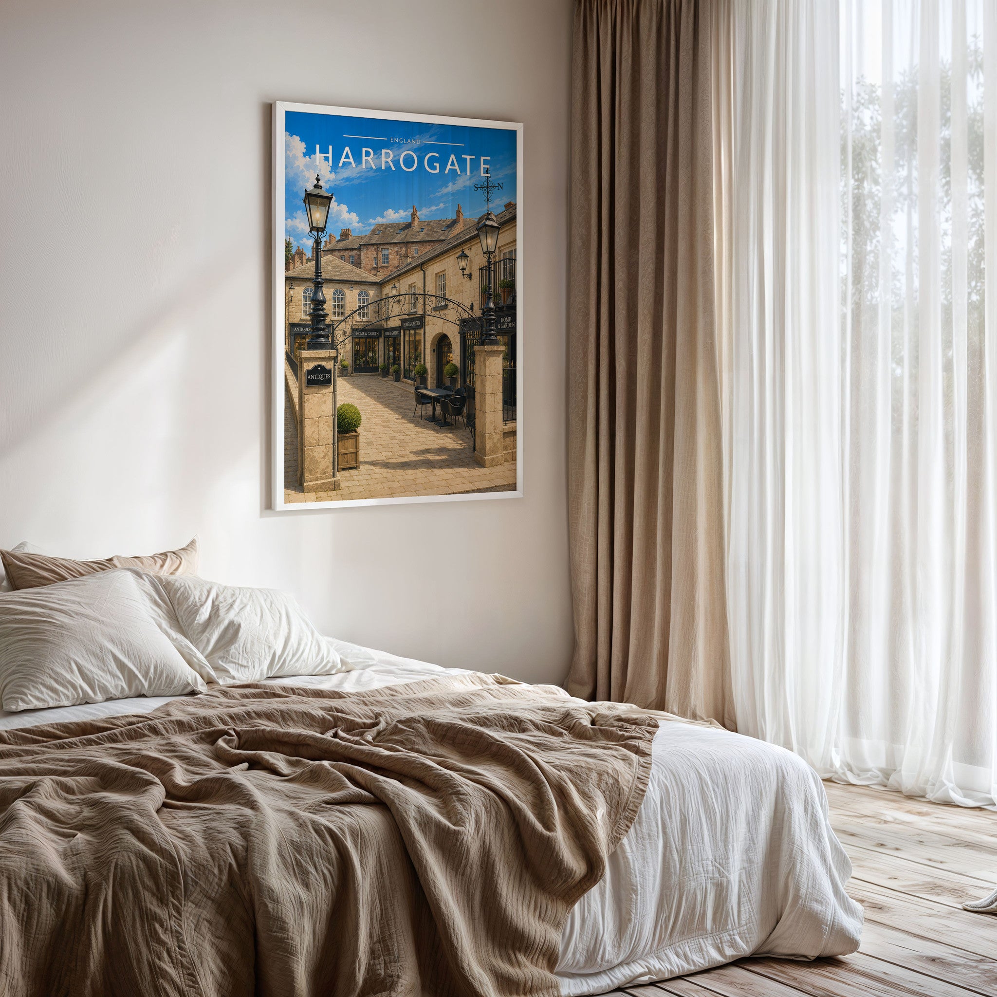 Harrogate Travel Poster framed on a bedroom wall