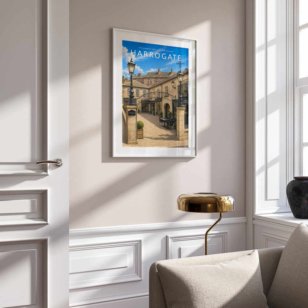 Harrogate Travel Poster in a white frame on a panelled wall