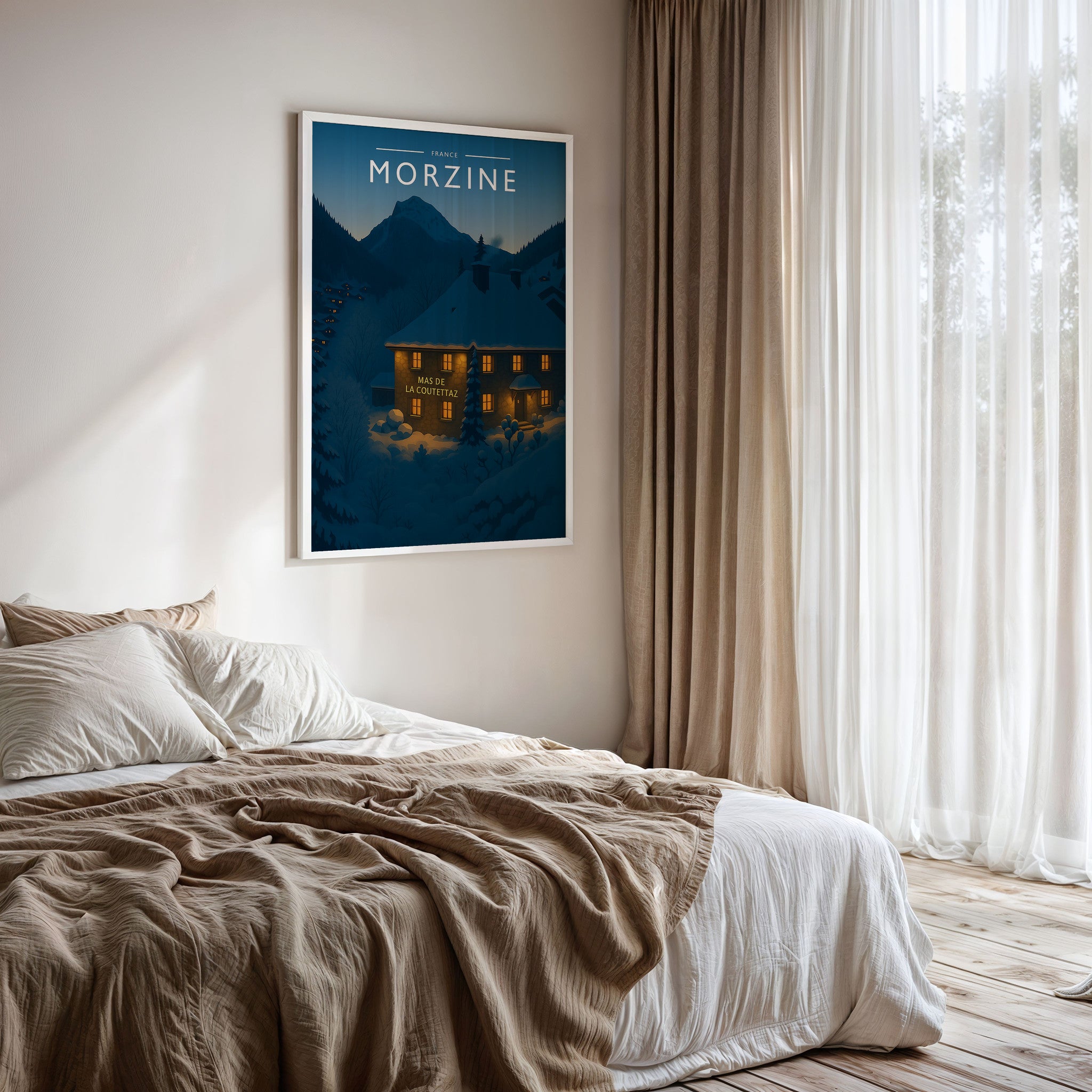 Morzine Travel Poster framed on a bedroom wall
