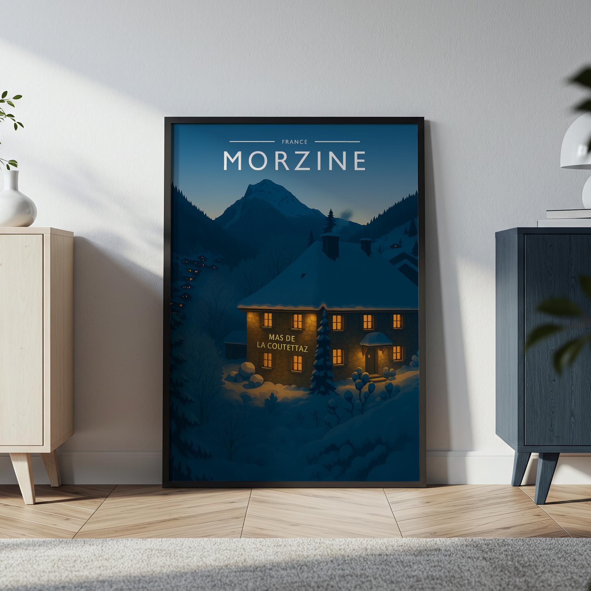Morzine Travel Poster in a black frame