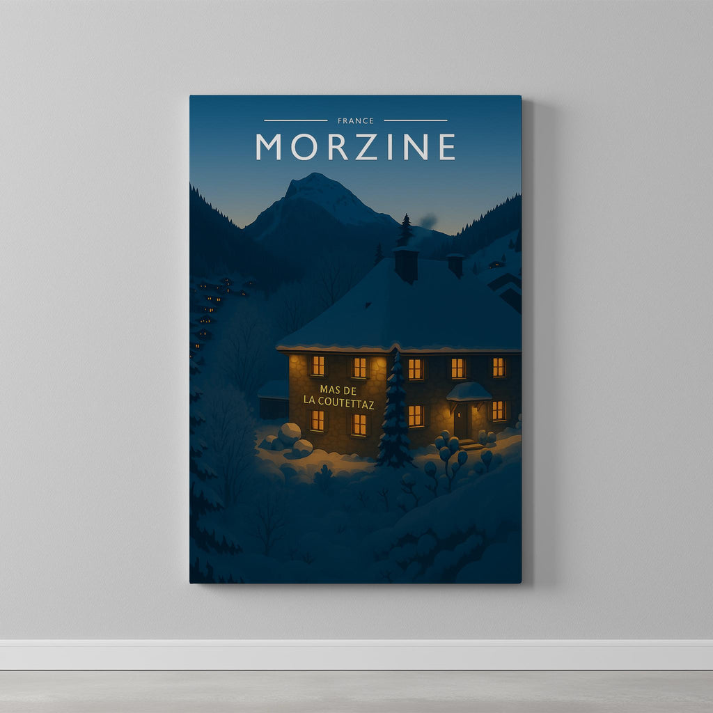Morzine Travel Poster as a gallery-wrapped canvas on a plain wall
