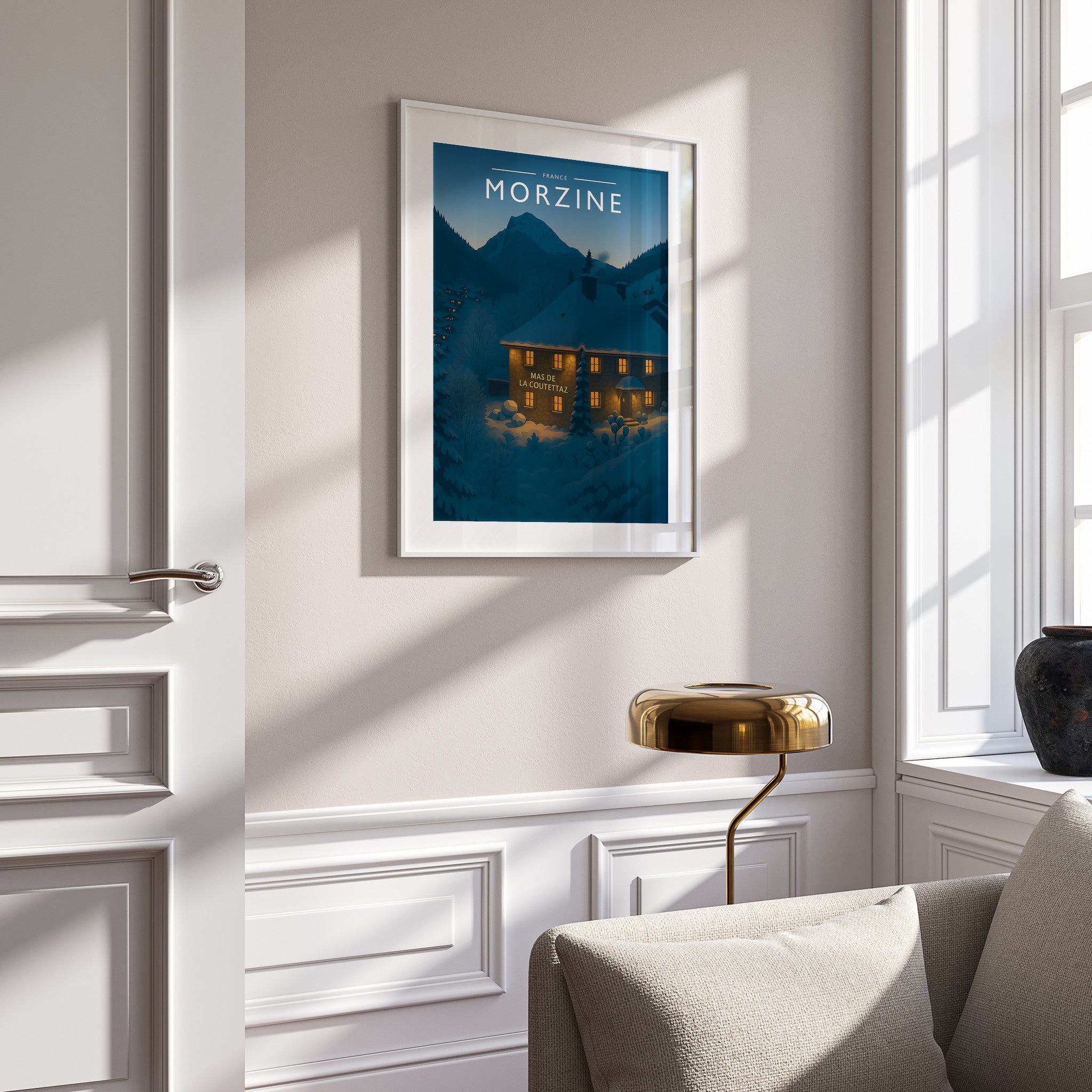 Morzine Travel Poster in a white frame on a panelled wall