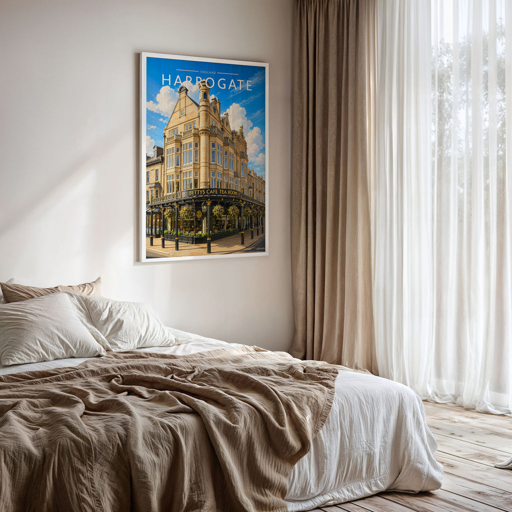 Harrogate #2 Travel Poster framed on a bedroom wall