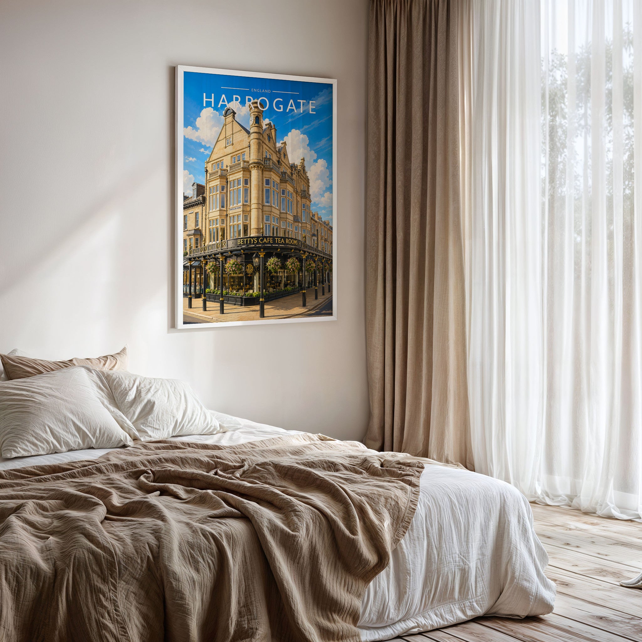 Harrogate #2 Travel Poster framed on a bedroom wall