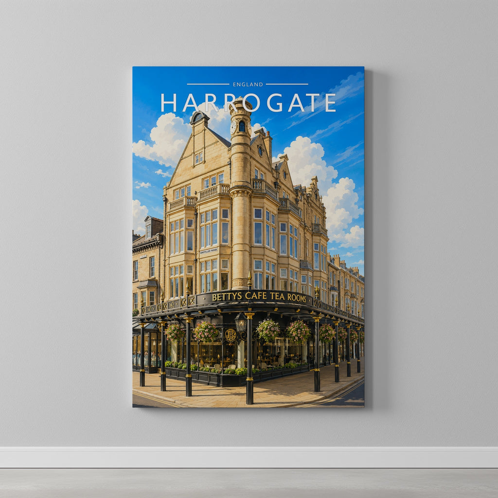 Harrogate #2 Travel Poster as a gallery-wrapped canvas on a plain wall
