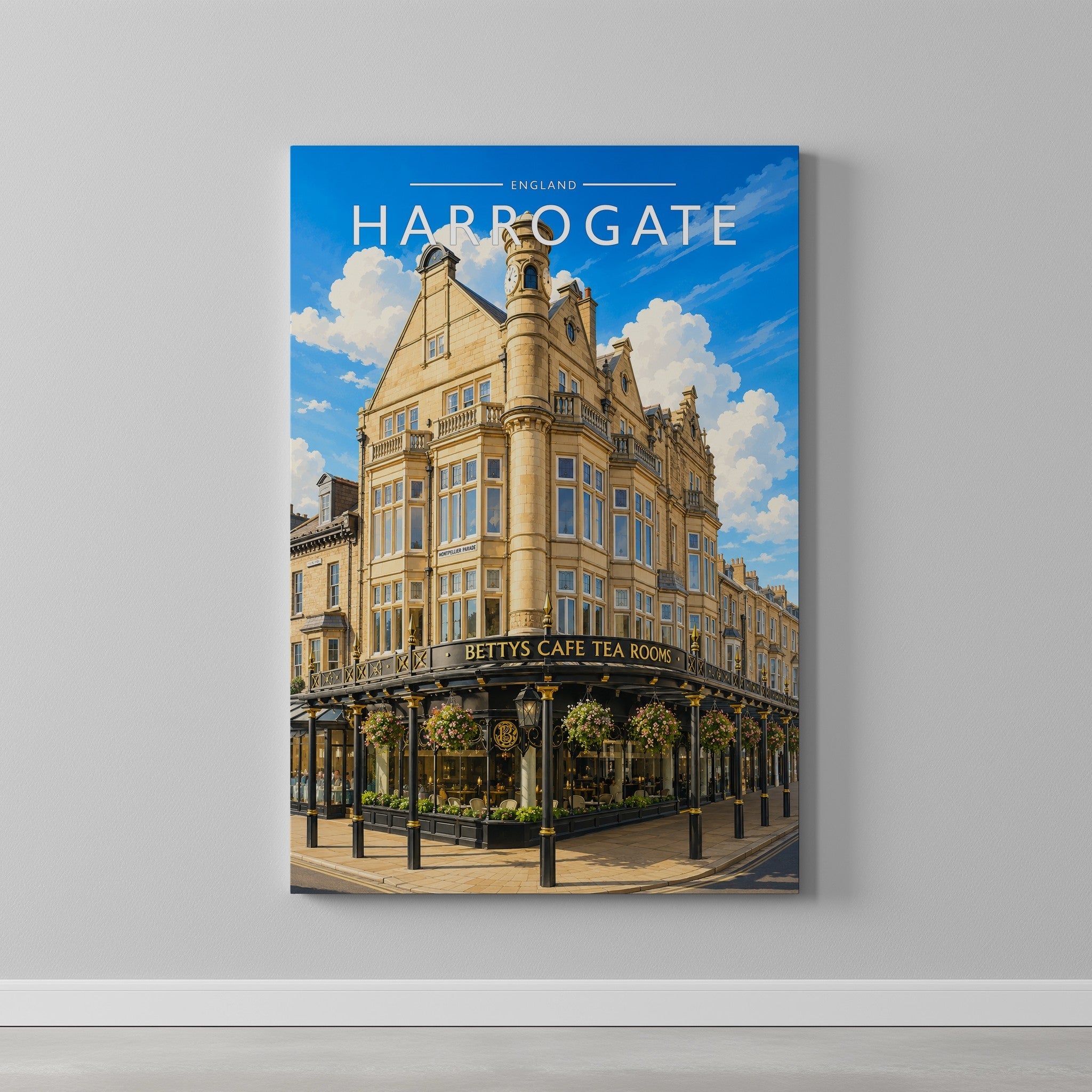 Harrogate #2 Travel Poster as a gallery-wrapped canvas on a plain wall