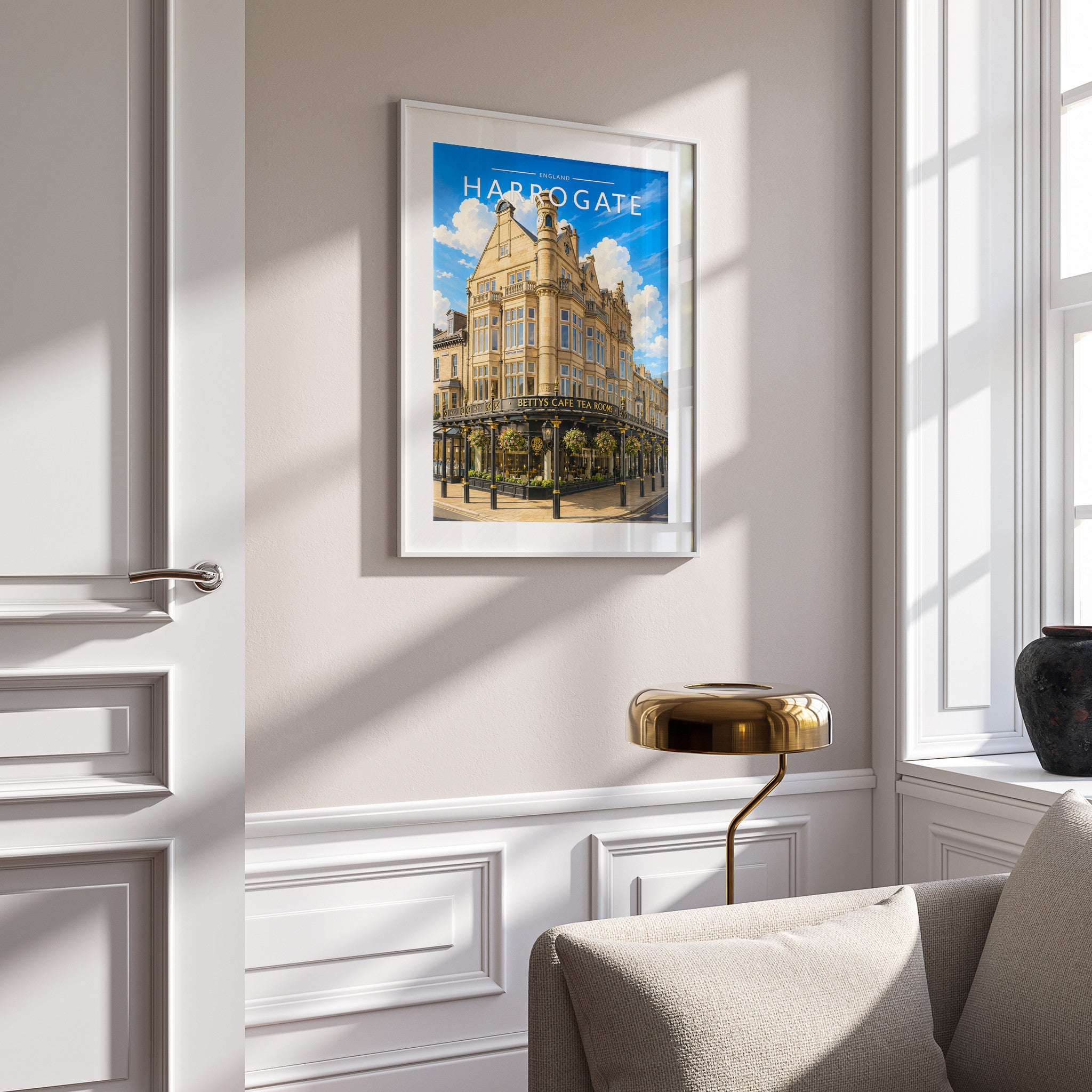 Harrogate #2 Travel Poster in a white frame on a panelled wall